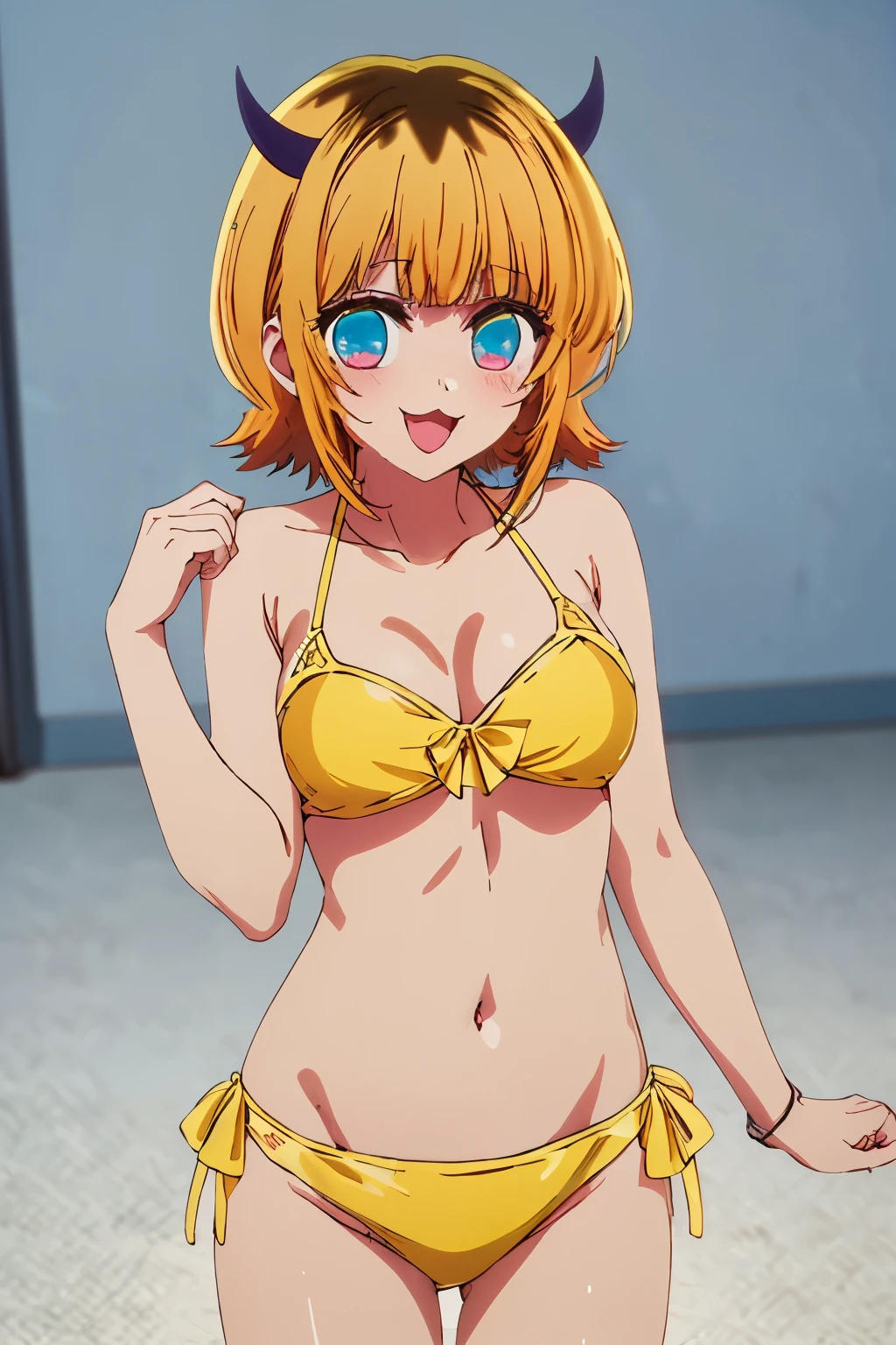 master piece, best quality, 8k, ultra high resolution, highest quality, anime style, best writing, beautiful face, highest quality、masterpiece、detailed、memcho、open your mouth、bright blush、:3、smile、short hair、blonde hair、multicolored hair、light blue eyes、dull bangs、horn、(yellow bikini:1.2 )、stand、looking at the viewer, simple white background, (cowboy shot:1.3)