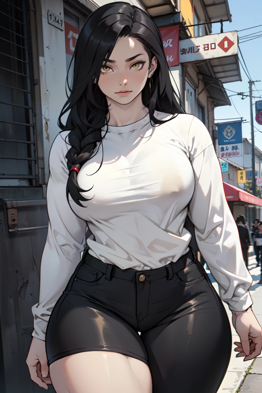 girl ((((muscular 1girl)))) ((((thick thighs toned body)))) (pale skin) black hair yellow eyes very long hair long sleeve tight t-shirt tight pants (straight hair)
