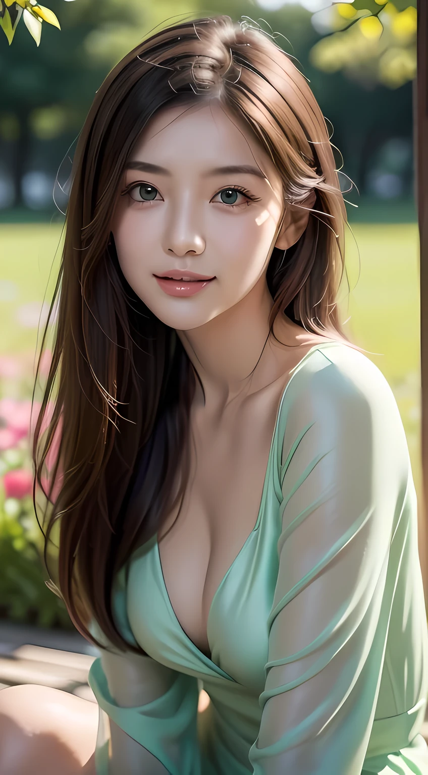 (masterpiece), (best quality), ultra high resolution, sharp focus, warm soft tones, ((1 mature woman, alone)), Upper body, medium long shot, MLS, beautiful fine hair, chestnut brown hair, messy long hair, Beautiful and delicate face, ((beautiful eye shape, green eyes)), perfect female face, smiley face, Smile, look at the audience,Feminine sheer dress, on a beautiful morning, Sitting on the beautiful flower meadow