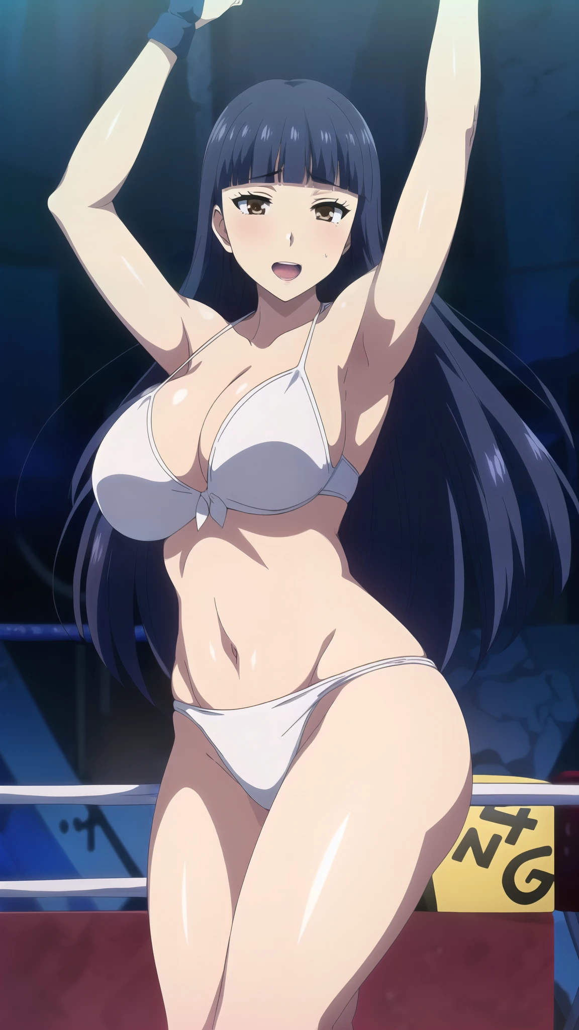 (((1 girl, white string bikini, white fingerless gloveasterpiece, 4k, ( location: in wrestling ring with crowd watching)), (high color saturation), contrast lighting, mature female, (curvy:0.8), solo, anime style, sharp focus, professional artwork,trending on pixiv, detailed bold arm lines, high color saturation, bold lines, bold drawing lines), open mouth, happy), brown eyes, arms up, armpits, midriff,
((dark blue hair color:1.1), wavy hair, ((long hair, hime cut)),
(white skin, (fair skin), slender body, milf, perfect face),
(legs, big breasts, off-shoulders,