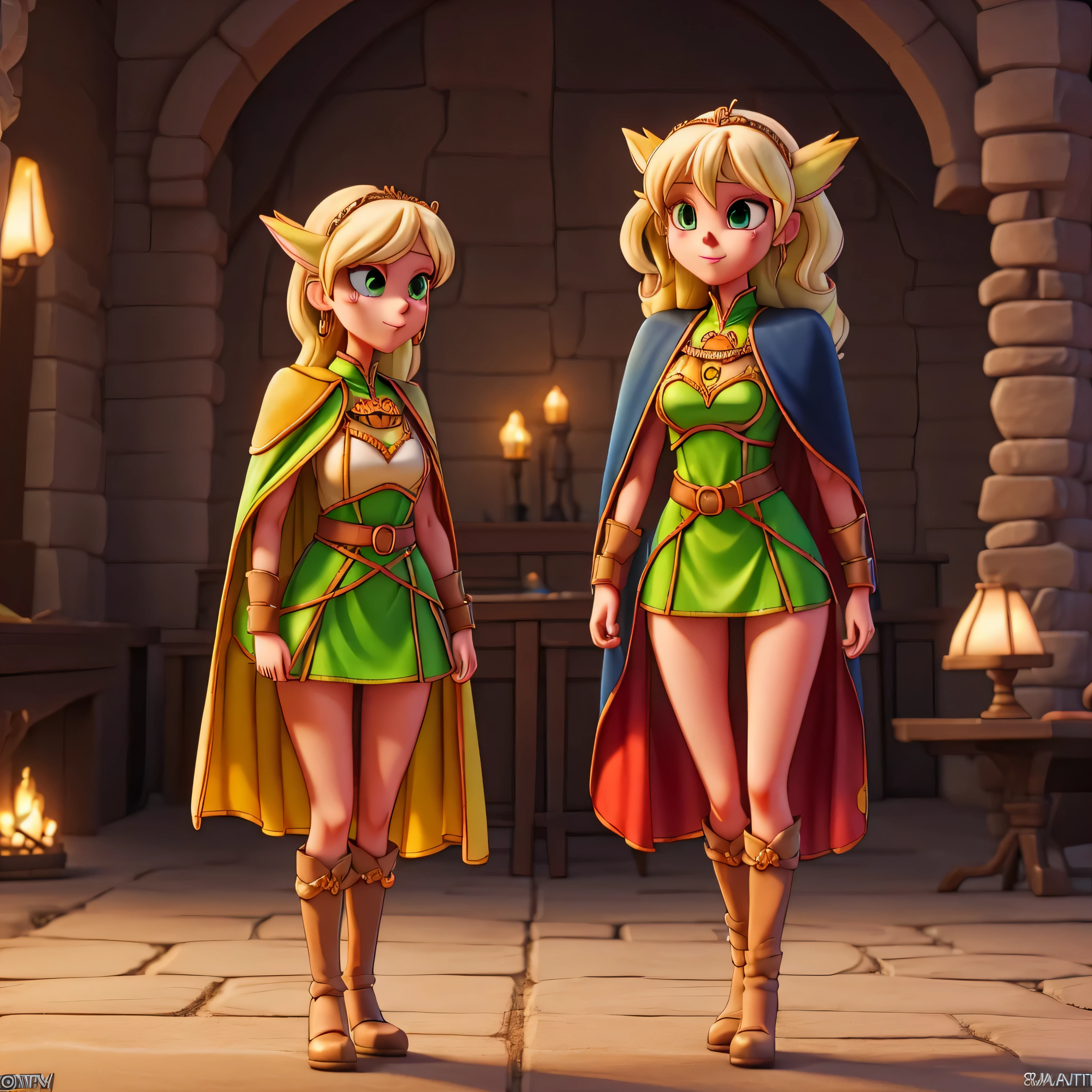 (frieren) and (Deedlit) walking through the forest, (full body view), (frieren has twintais, white hair, green epiceyes, pointy ears, wears white capelet, striped shirt, long sleeves, belt, skirt, black pantyhose, boots, earrings), (deedlit has long yellow hair, green eyes, pointy ears, wears short green dress, short sleeves, tiara, dark blue breastplate armor, dark blue pauldrons, dark blue cape, belt, bootasterpiece, best qualtiy, hdr)), epic beautiful realistic Puppetess elegant princess natural scepter fullbody "Sceptor of Domination" Tabernacle, gorgeous puppeteer bridaldress Lys perfect symmetrical meticulously intricate "Dia de los Muertos" rose, epic pupper-Mistress stunning clean figurine rossdraws puppet dream artgerm digital vibrant DSLR colorful hyper HDR epic UHD tmasterpiece extremely detailed ultra_high-resolution ultra_high-definition ultra_high-quality saturate reflection, varies multi etc. --v6 --s1000 --c20 --q5 --chaos100