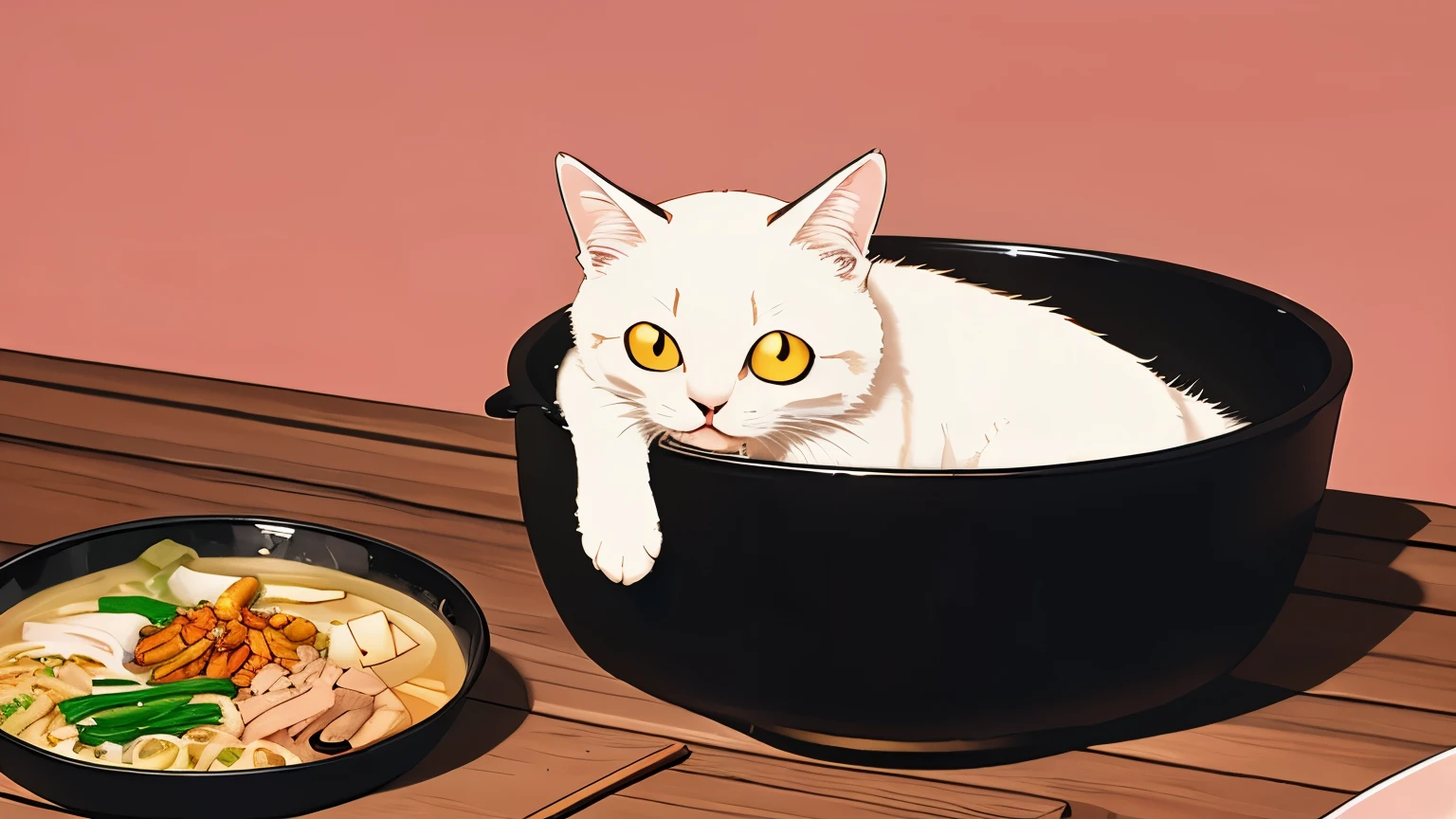 A cute white with brown spots cat eating ramen, illustration by hergé, stunning color scheme, masterpiece, manga style