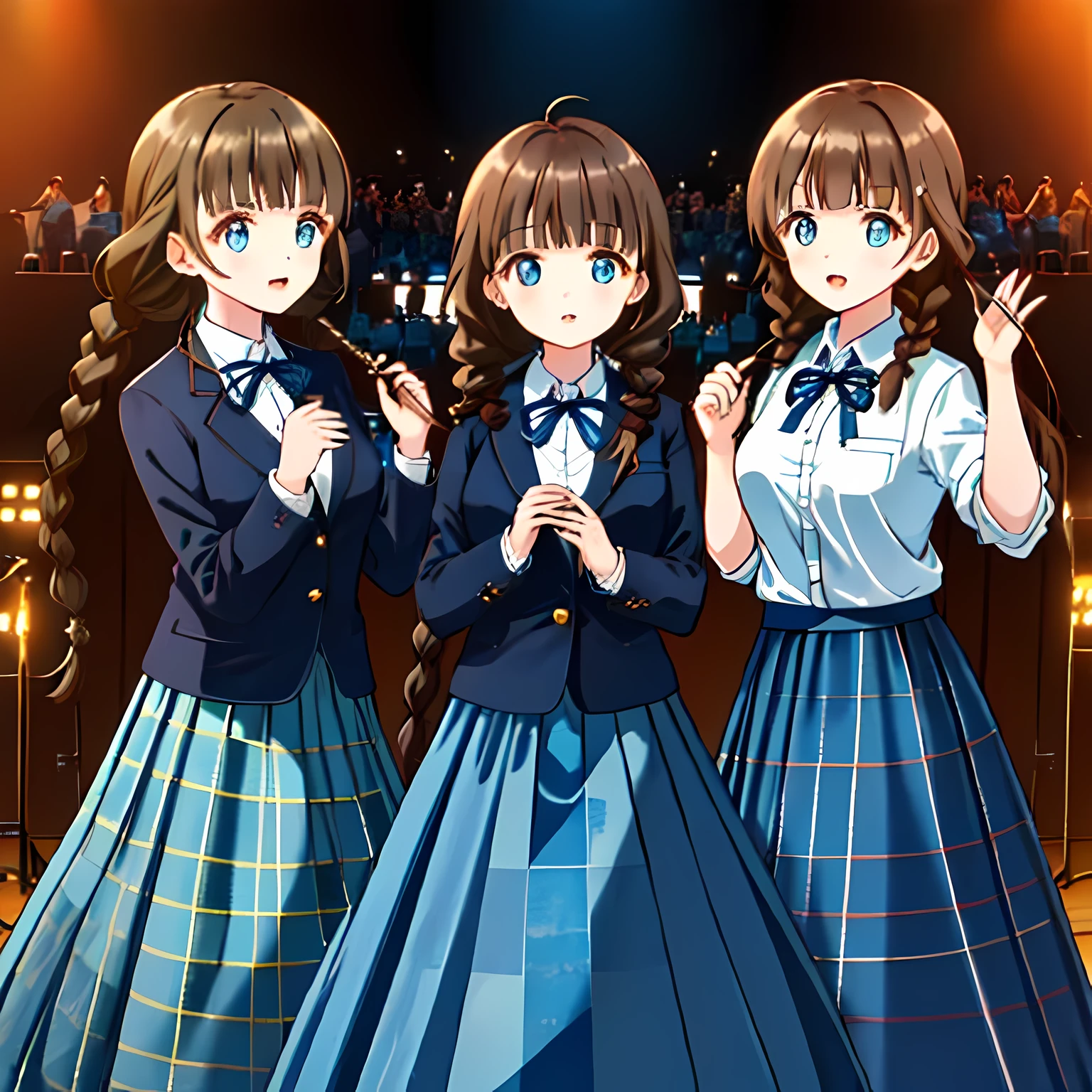 highest quality, (masterpiece:1.2), very detailed, ((girls singing chorus on stage)), ((Cute big blue eyes)), (((dark brown hair))), 15 years old, ((dark blue school blazer)), ((very big blue school ribbon)), (((Braid hairstyles))), ((The eyes are very detailed)), ((((dark blue & Deep navy tartan check middle long skirt)))), The background is an opera house stage with a pipe organ..