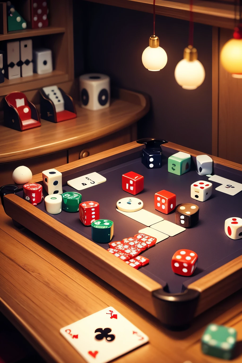 Toys were scattered on the desk、billiards、playing cards、dice、alphabet figurines、american toys、A mess、Christmas、decoration