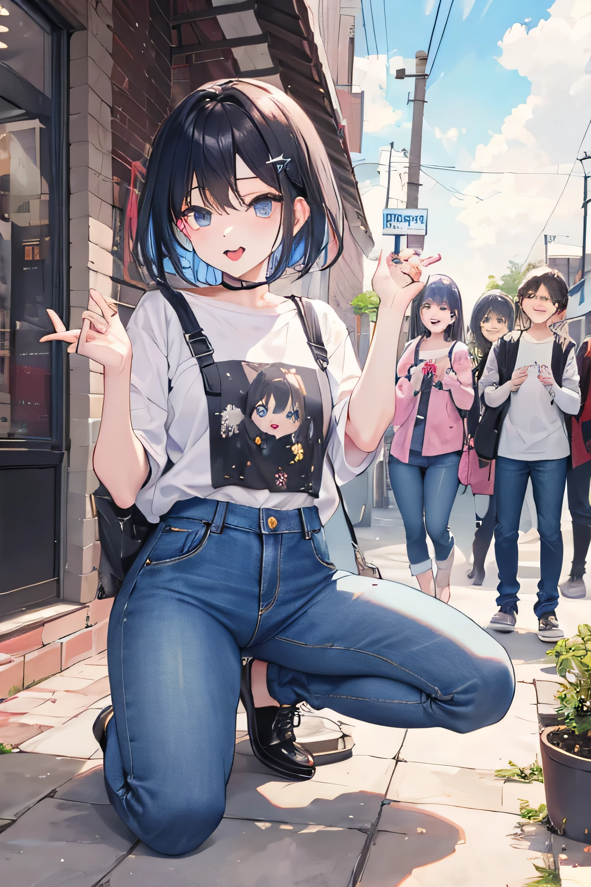 bob short、cute、17 Women、jeans、open your mouth and stick out your tongue
