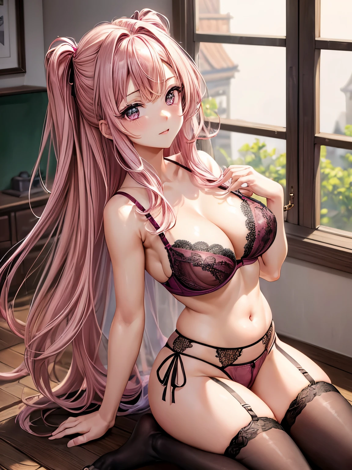 girl turning around, ((highest quality)), (super detailed), (very detailed CG 統合 8k 壁紙), very detailed, High-definition RAW color photo, professional photography, ((beautiful big breasts)), ((bare chest)), (pink hair ornament), peanut butter brown hair, wonderful face and eyes, , (amazingly beautiful girl), School, (see-through sheer micro bra:1.6), (shiny dark pink satin panties:1.3)、panties that cover the butt、garter belt、knee high socky back is turned、showing your butt、hands on the floor、Angle from the back、kneeling