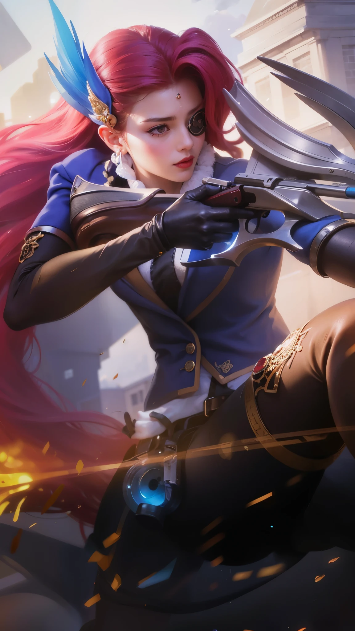 a close up of a woman with a gun in her hand, red long hair, red lips glossy, 8k, ultra hd, ultra detailed texture, hyper realistic, masterpiece, detailed texture, detailed face, detailed skin, detailed lighting, (photorealistic:1.5), best quality, beautiful lighting, cinematic lighting, professional lighting, ultra highres, realistic, detailed hair, real hair, high quality, (realskin:1.5), extremely detailed, finely detail, ultra-detailed, braids, eye patch, left eyepatch,
