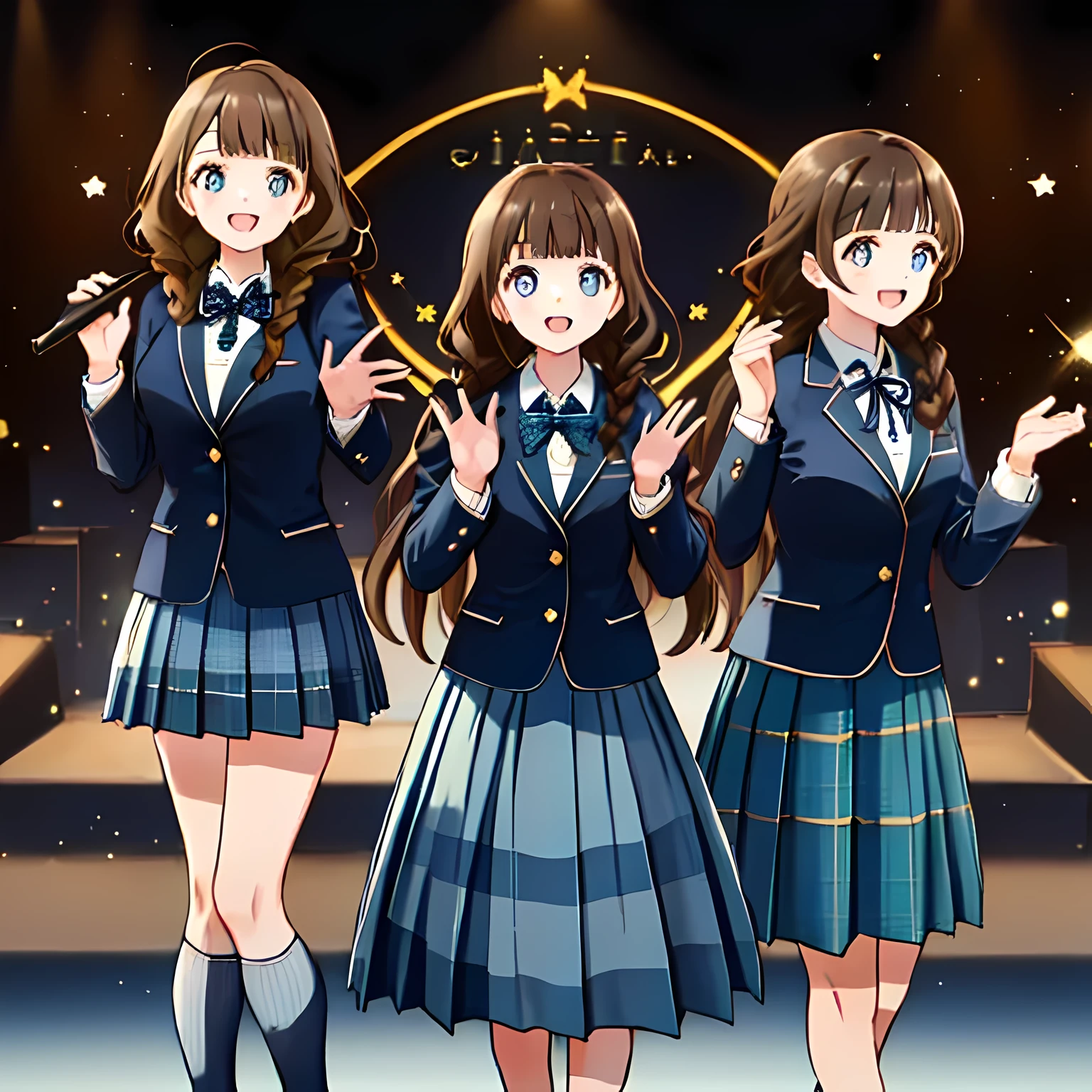 highest quality, (masterpiece:1.2), very detailed, ((Three girls are singing the chorus on stage)), ((Cute big blue eyes)), (((dark brown hair))), 15 years old, ((dark blue school blazer)), ((very big blue school ribbon)), (((Braid hairstyles))), ((The eyes are very detailed)), ((they are laughing and singing very happily.)), ((((dark blue & Deep navy tartan check middle long skirt)))), The background is an opera house stage with a pipe organ.., blur the background,