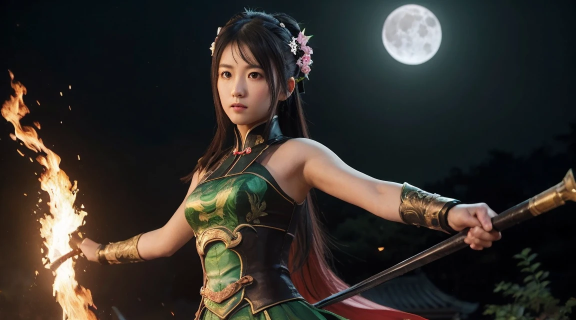 Guan Yinping,flame，combustion，kill，fighting stance, Serious, black发, brown eyes, hair accessories, looking at the audience, forest, Half body, black, eternal, 上Half body，night，The moon is bright，Wind