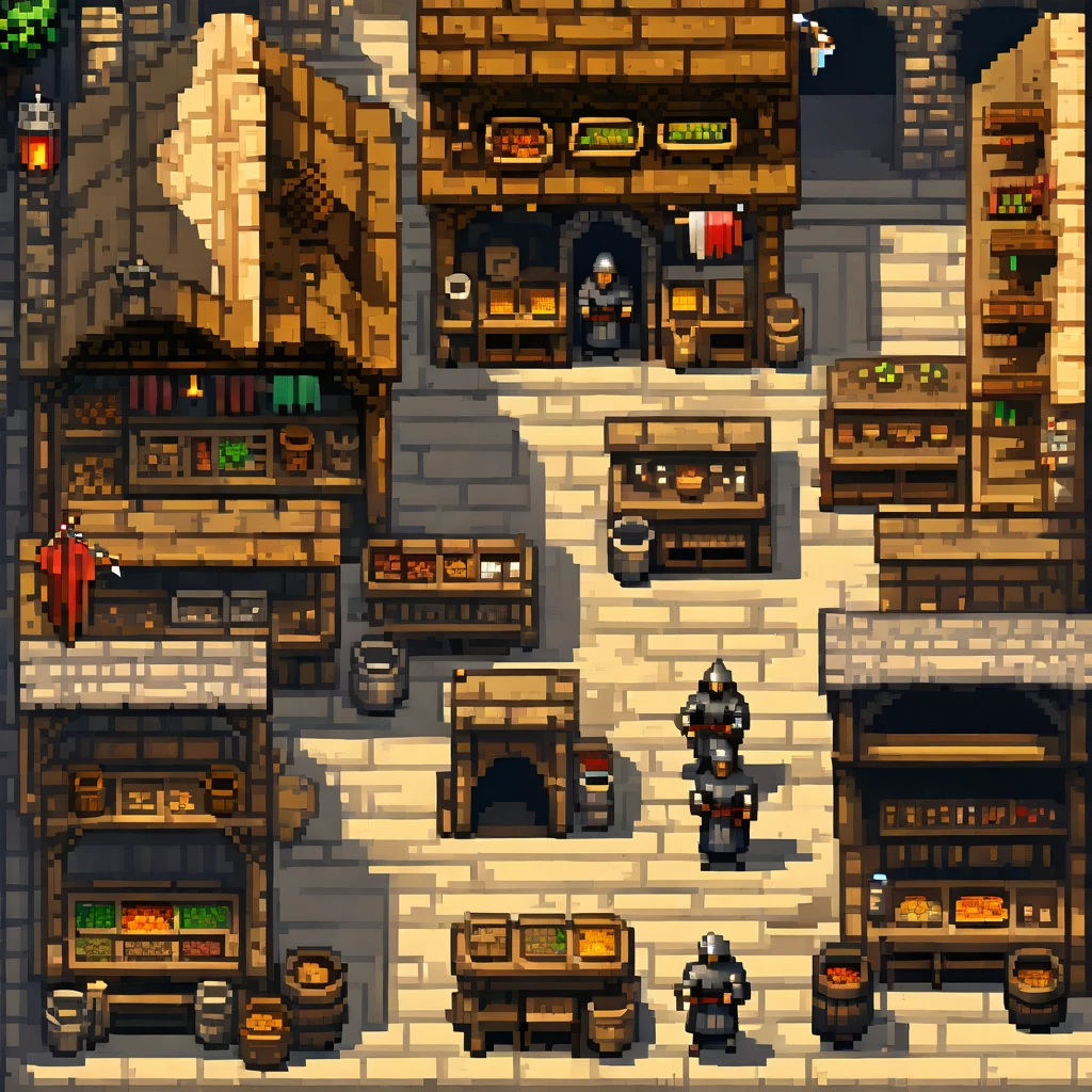 Pixel Art, Pixel art scene of a bustling medieval market, vibrant stalls, lively characters, realistic textures, attention to detail in every pixel, reminiscent of classic 16-bit RPG games, taken with a Nikon D3, Focal length 35mm HD 2D Pixel Art :: Pixel style :: Pixels