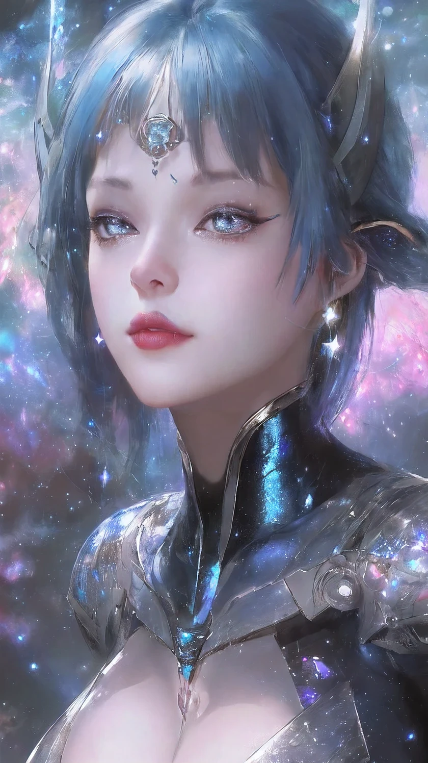 "1 beautiful girl in traditional dress, ((wearing tight blue shiny suit:1.2)), magical glowing suit, beautiful cleavage, long hair with bangs, light blue mixed with white, ((most beautiful and detailed hair jewelry:1.8)), Super cute little face Extremely beautiful face, On its head are two beautiful galactic blue horns, thin eyebrows, the most beautiful and flawless face, ((black eye pupil:0.8)), very beautiful eyes, ((silver brown eyes:1)), eyeshadow makeup is steamy and extremely seductive, hairy beautiful and detailed makeup eyelashes, slim, well-proportioned limbs, high nose, earrings,thin lips, light red lips, ban on laughing, beautiful lips, slender arms, The most beautiful thighs, healthy limbs, rosy face, clean face, beautiful face without blemishes, smooth white skin, ((both breasts are very round and big: 1.6)), ((put the girl's arms behind her back:1.5)), full body of a beautiful girl, 8k photo, super high quality, super realistic, 10x super pixels, actual photo, dark studio, border light, two-tone lighting color, (high detail skin: 1.2), 8k ultra, soft light, high quality, volumetric light, candid, Photo, high resolution, light, best photo, 4k quality, 8k, bokeh, Smooth and sharp, 10x pixelated, (galaxy space background: 1.7), aurora, lightning, super graphics, most realistic graphics, alone, solo, ((portrait:1.6)), Extremely sharp, surreal image."