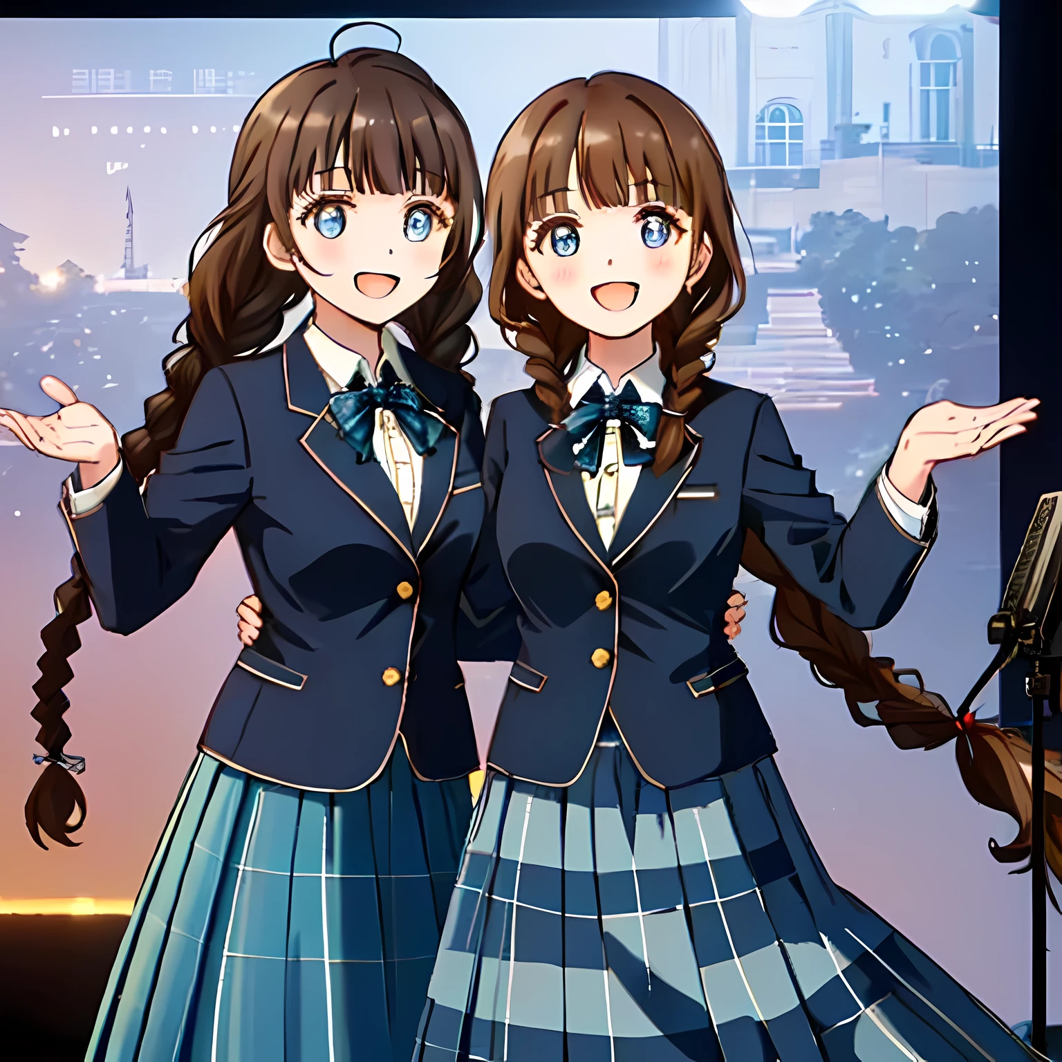 highest quality, (masterpiece:1.2), very detailed, ((A girl is singing the chorus on stage)), ((Cute big blue eyes)), (((dark brown hair))), 15 years old, ((dark blue school blazer)), ((very big blue school ribbon)), (((Braid hairstyles))), ((The eyes are very detailed)), ((they are laughing and singing very happily.)), ((((dark blue & Deep navy tartan check middle long skirt)))), The background is an opera house stage with a pipe organ.., blur the background,