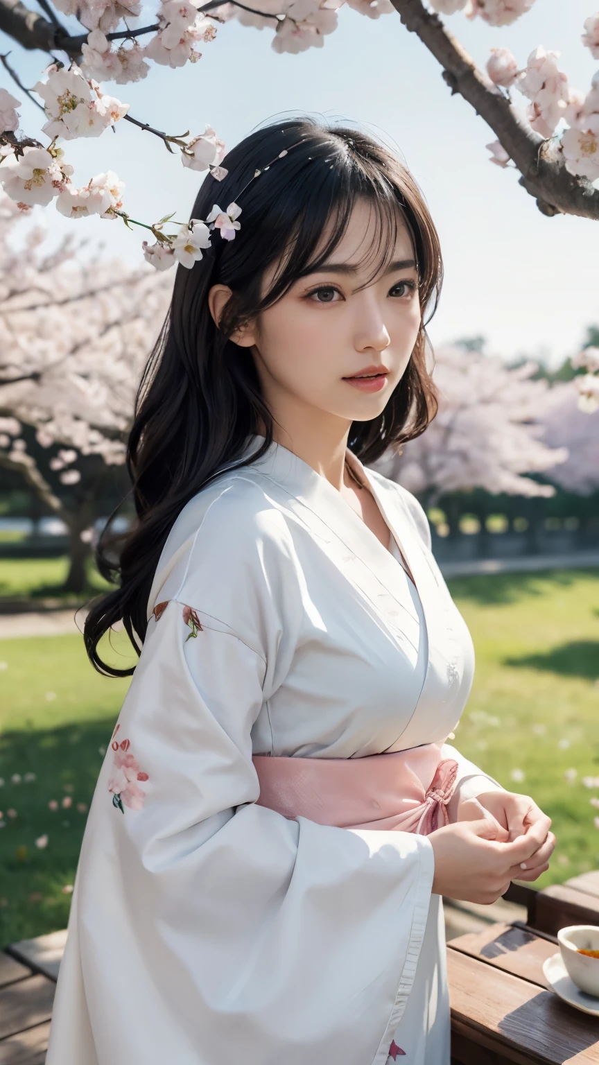 (logo、masterpiece、8k、table top、RAW photo、wonderful、最high quality、Photorealistic and hvery detailed CG integrated 8k wallpaper、high quality、very detailed、Narrative poem、particle effects、dynamic effects、Depth of written boundary、cinematic light、Lens flare、ray tracing)、fantasy、 (1 beautiful woman、white kimono、Japan Dresses、white cherry blossom pattern、White cherry blossom embroidery pattern、black haired、beautiful face、real face、beautiful details eyes beautiful skin)、Hair flutters in Wind、hair bounces、pink cherry tree、petals dance、SakuraFubuki、wonderful景色、sunrise、sun on background、Wind、god々、teeth、god話、vast land