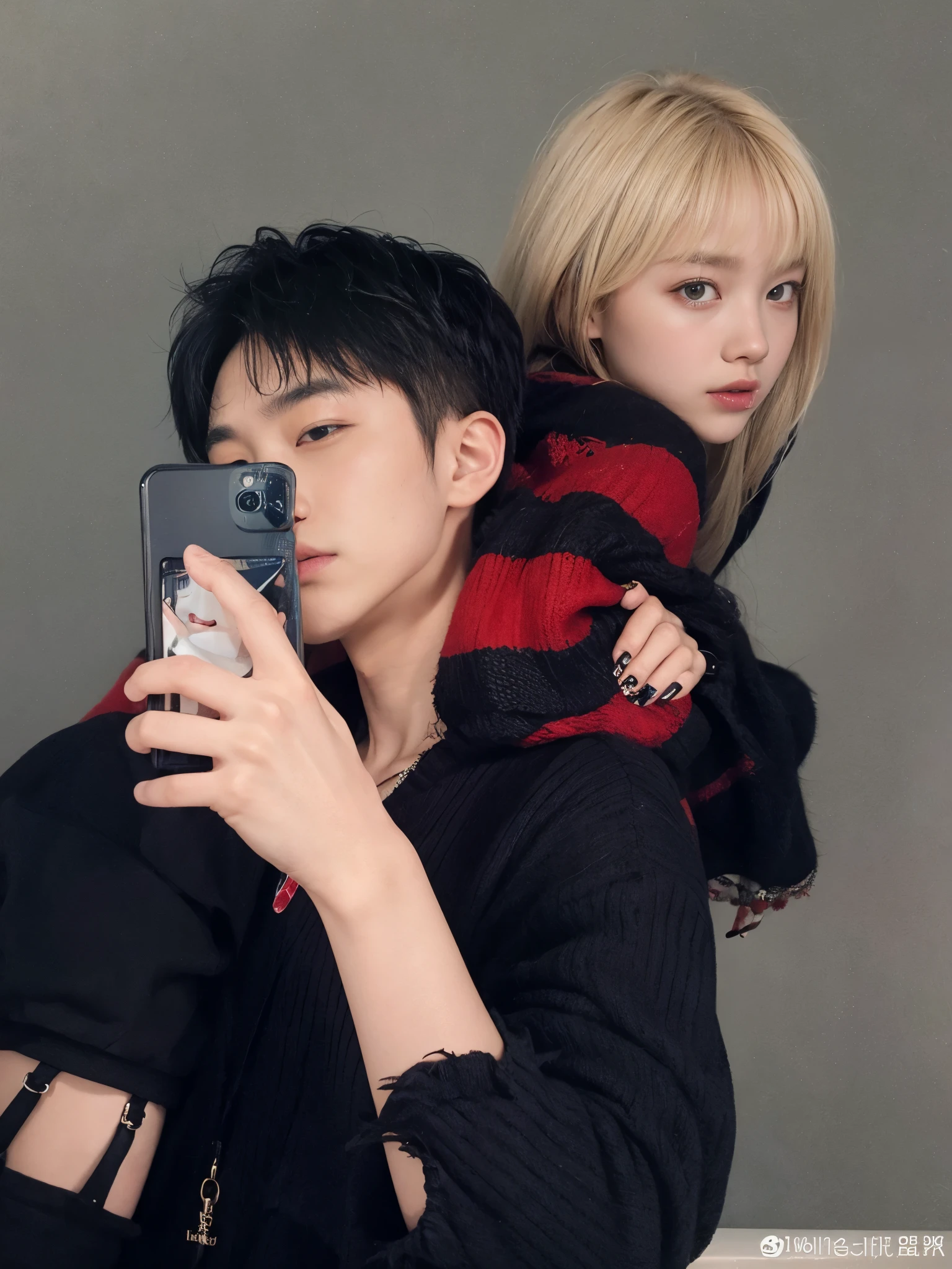 They are taking a photo in a mirror with a cell phone, ulzzang, Cai Xu Kun, pose de pareja, kim doyoung, Lalisa Manobal, jinyoung shin, by Emma Andijewska, pintar ulzzang, jia, selfie enamorado, 8k selfie photography, con flequillo completo, con flequillo, sha xi