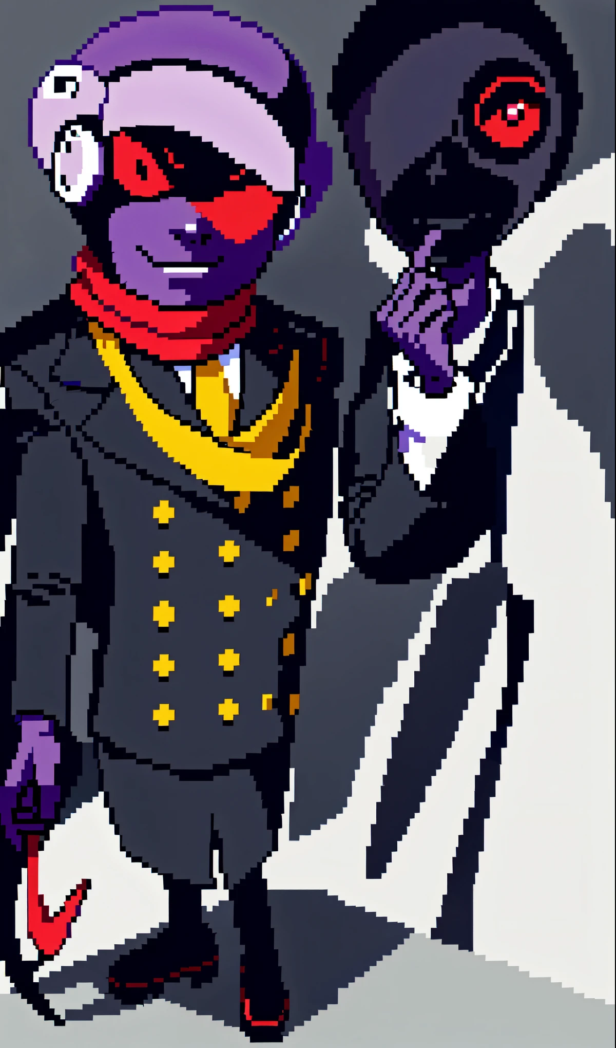 robot, head doctor, small red eyes, small face, purple gloves, big black bowler hat, red cane, black suit, yellow scarf, pixel art style, pixel art design, smooth, full body, black outline, creepy design, none background, shadows, intense posture