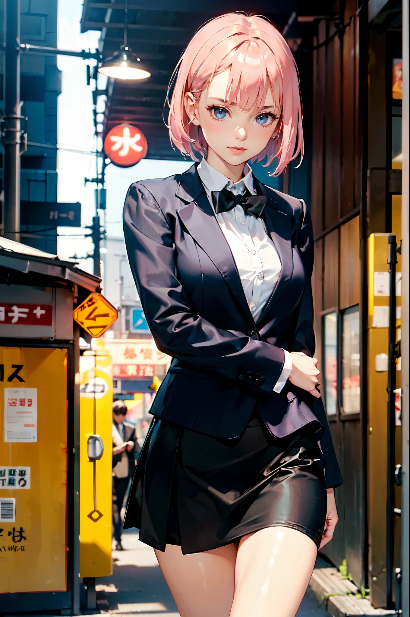 ((Perfect Anatomy:1.2,masterpiece、top-quality、The ultra -The high-definition、hight resolution、extremely details CG、8K)),cowboy shot,1woman,solo,20-year-old,pink hair,short bob hair,bangs), slender body, skinny、medium breasts, gleaming skin,oily skin, (black tight mini skirt:1.3,black blazer jacket、white shirt、black tie), standing,bustling street、Tokyo、