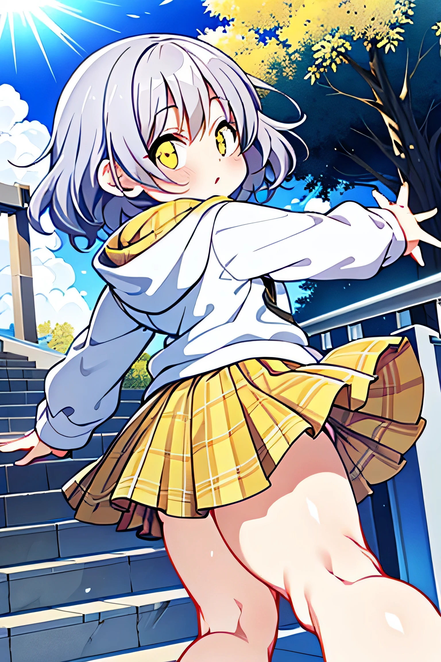 (((single))), (((((Tsuriformes))))), (((Glowing yellow eyes))), (((light purple disheveled hair))), ((Staring upwards)), Bring your face closer, ((((Turn around and run out)))), (((Dynamic Dynamic Poses))), ((Wear a white hoodie and a plaid skirt)), ((Smile with your mouth wide open)), ((cheek bulge)), ((((thighs thighs thighs thighs!!!!!!)))), Big ass, (((((thick leg))))), ((Emphasis calf)), (((Medium short wavy hair))), ((Stairs on a pedestrian bridge in bright sunlight))