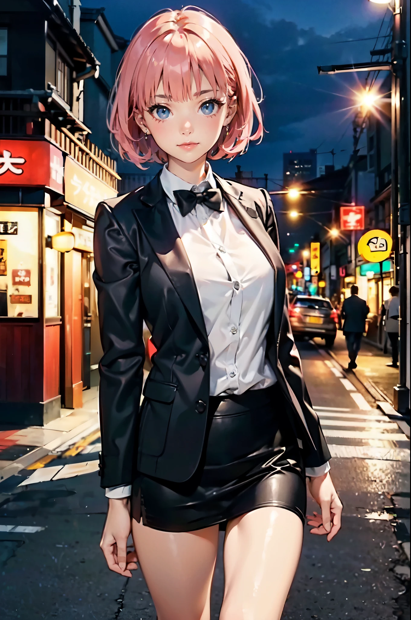 ((Perfect ???????:1.2,masterpiece、top-quality、The ultra -The high-definition、hight resolution、extremely details CG、8K)),cowboy shot,1woman,solo,20-year-old,pink hair,short bob hair,bangs), slender body, skinny、medium breasts, gleaming skin,oily skin, (black tight mini skirt:1.3,black blazer jacket、white shirt、black tie), standing,bustling street、Tokyo、