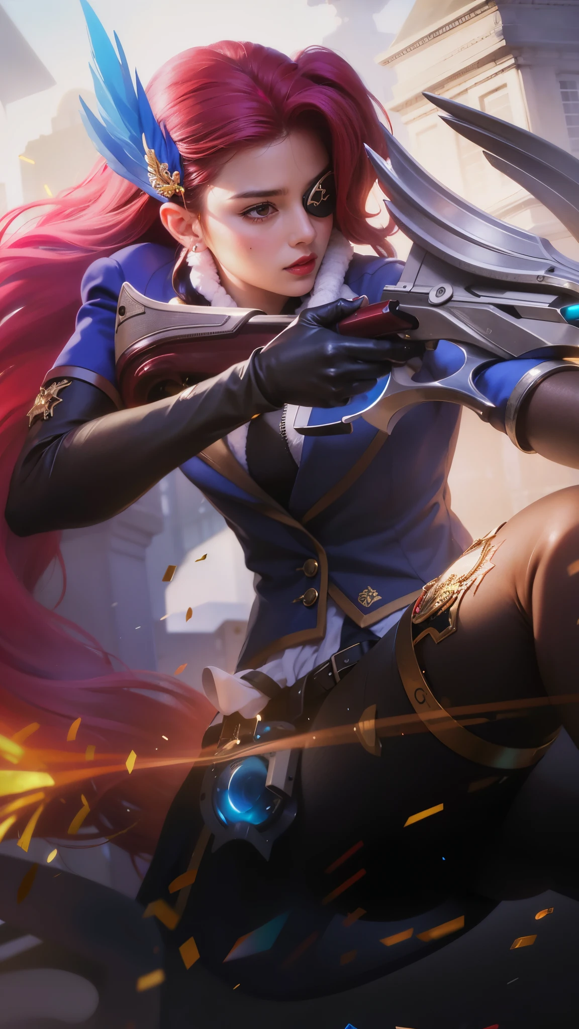 a close up of a woman with a gun in her hand, red long hair, red lips glossy, 8k, ultra hd, ultra detailed texture, hyper realistic, masterpiece, detailed texture, detailed face, detailed skin, detailed lighting, (photorealistic:1.5), best quality, beautiful lighting, cinematic lighting, professional lighting, ultra highres, realistic, detailed hair, real hair, high quality, (realskin:1.5), extremely detailed, finely detail, ultra-detailed, braids, eye patch, left eyepatch,