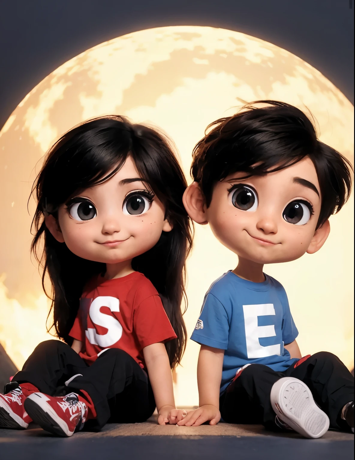 Com base na imagem enviada, fazer uma nova imagem com o carregando a nas costas. Make the letters on each of their t-shirts appear in the new image
