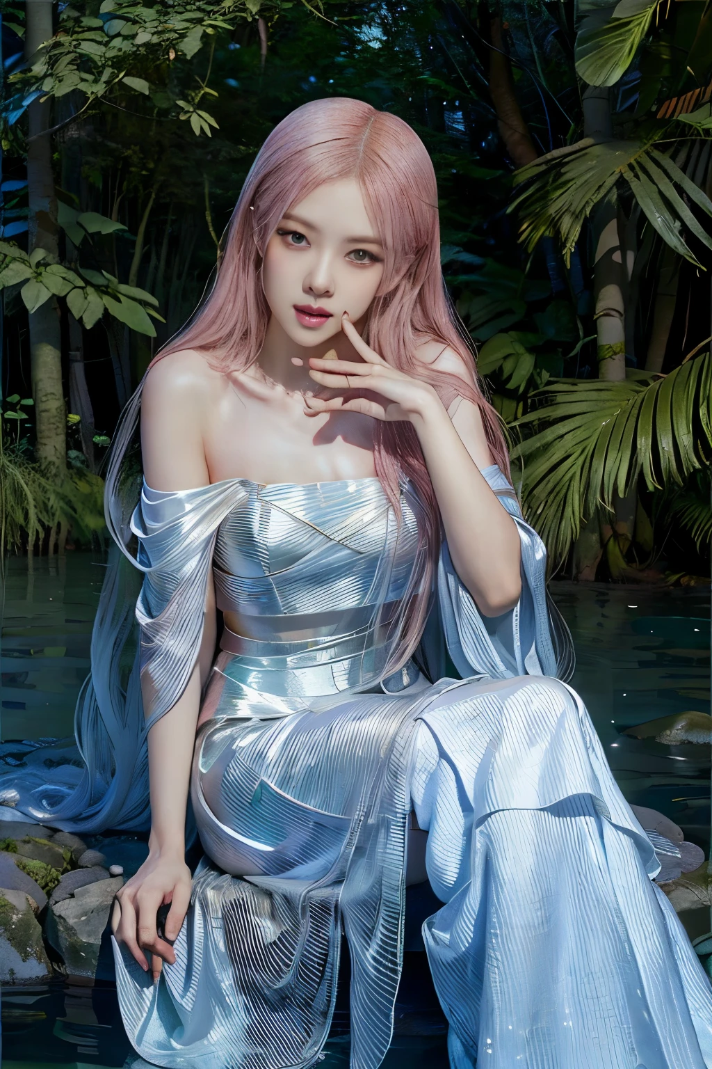 Rose from blackpink, pink hair, (full body), wearing medieval long clothes, sitting on a rock, feet in the water, Drenched hair, The background is a forest, sunset, (masterpiece, best quality, award winning, highres), skinny, intricate and beautiful design, highly detailed beautiful face, super detailed beautiful eyes, light smile, sitting near stream, forest, leaves flow, windy, sun lights through forest, fantasy art, dynamic lighting, cinematic lighting, hyper realistic, extremely CG detail, octane render, (artistic + masterpiece:1.4), (incredibly detailed eyes), (8k, Photorealistic, Photo RAW, Best quality: 1.4), (UHD), (Ultra high realism), (Ultra high definition), (Ultra high detail), (Realistic face), Beautiful hairstyle, Realistic bright amber eyes, Beautiful details, (Realistic skin), Pale, smooth and luminous skin with iridescent shine and no imperfections, Ultra high definition, Ultra realistic, Highly detailed