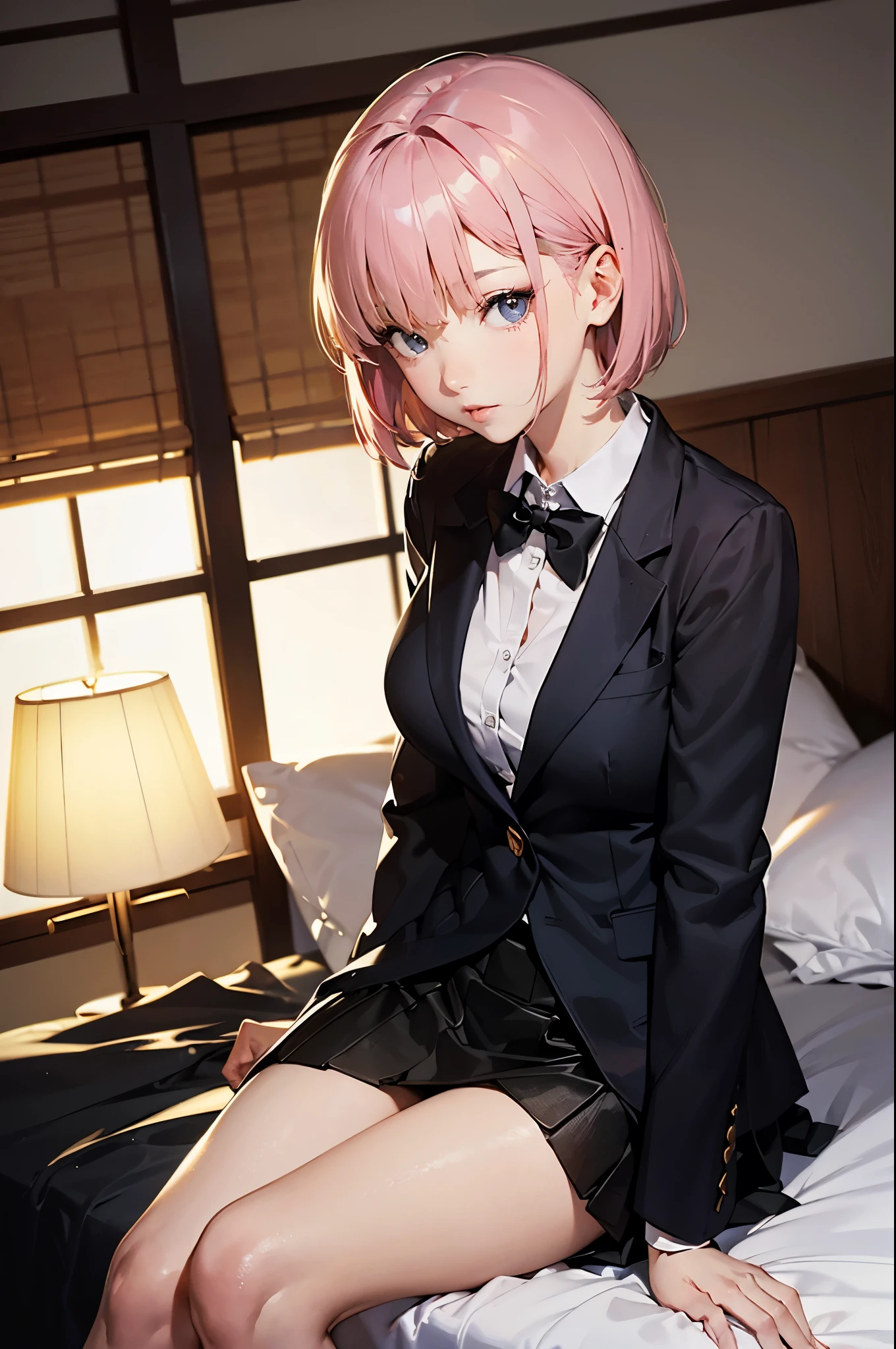 ((Perfect Anatomy:1.2,masterpiece、top-quality、The ultra -The high-definition、hight resolution、extremely details CG、8K)),cowboy shot,1woman,solo,20-year-old, Private server police officer、Japanese beauty,Beautiful detailed face and eyes,big gorgeous eyes,gray eyes,(pink hair,short bob hair,bangs), slender body, skinny、medium breasts, gleaming skin,oily skin, (black tight mini skirt:1.3,black blazer jacket、white shirt、black tie),sitting,simple bed、乱雑に散らかったroom、room,Tokyo、