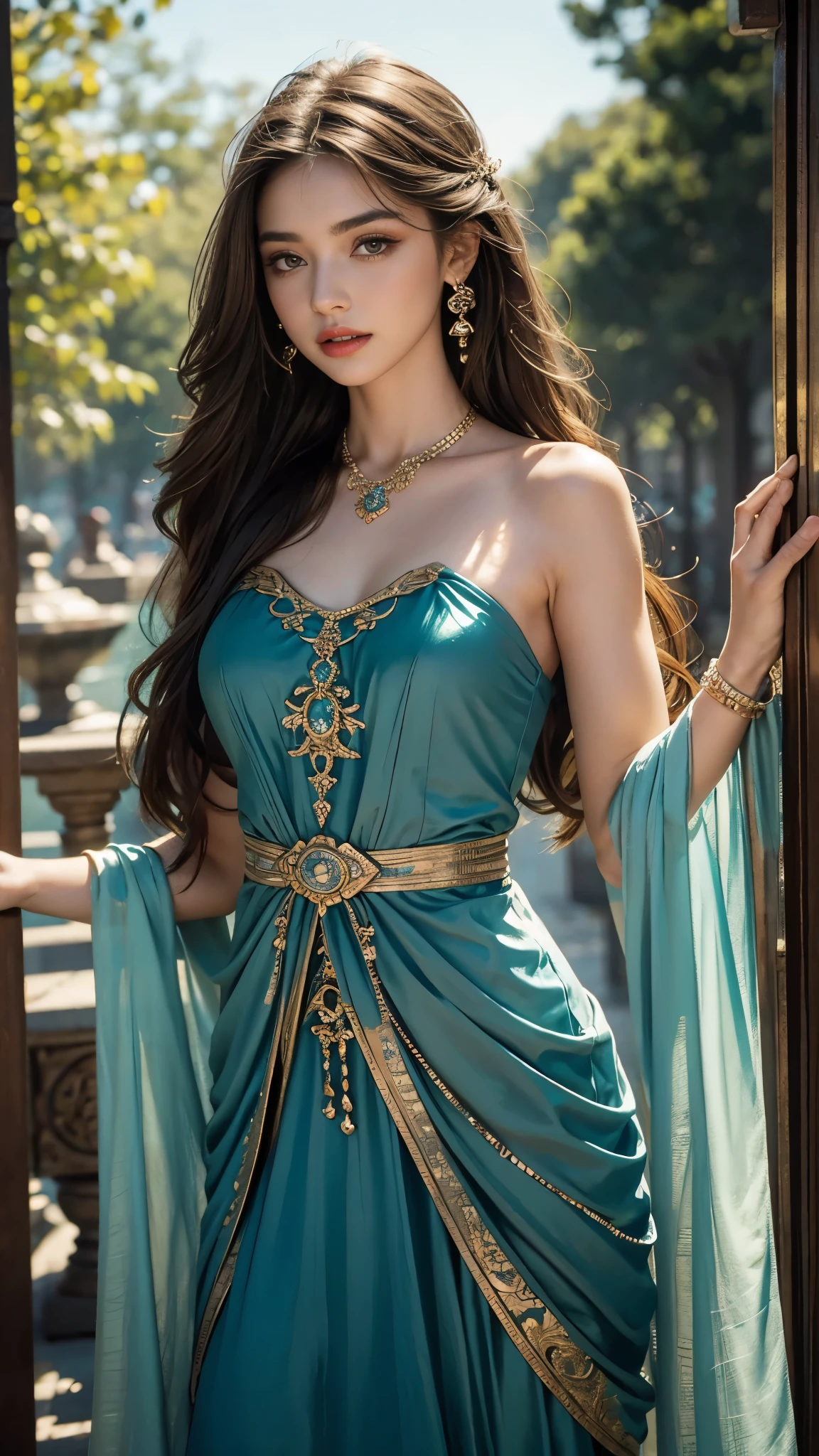 8K, ultra hd, masterpiece, best quality, a beautiful girl, long hair, impressive hairstyle, royal hair jewelry, jewellery earrings, antique jewellery, details eyes, beautiful eyes, meticulous makeup, thin eyebrows, beautiful lips, small breasts, royal dress, teal dress, strap dress, realistic colors, magic effect, epic scenery, epicness background, perfect body,