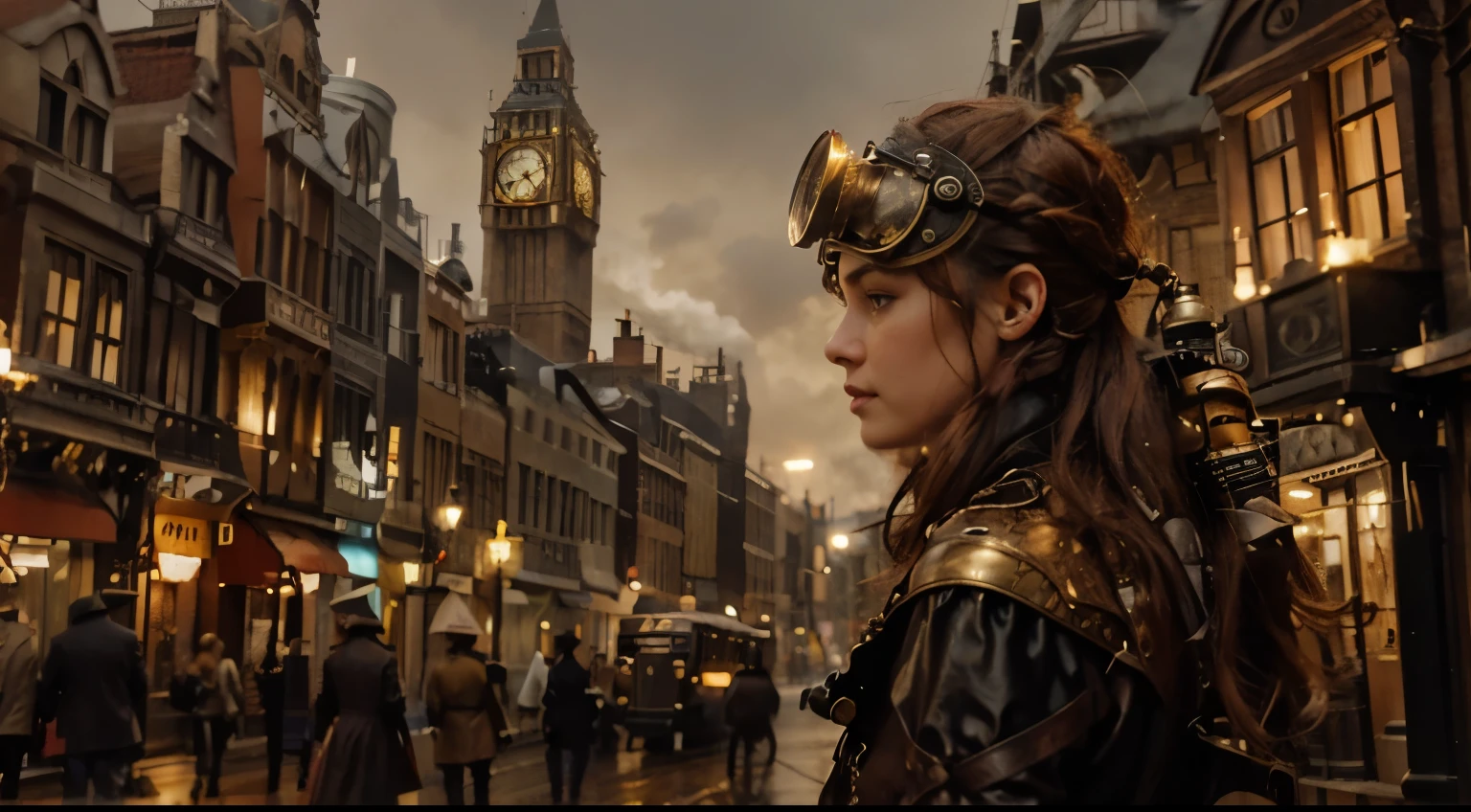 London street in the late 1800s, but with a steampunk twist. Think towering clockwork buildings with smokestacks puffing out steam, gaslight lamps casting an orange glow, and airships gliding silently overhead. Cobblestones slick with rain reflect the gaslight and bustling activity. Character: A beautiful woman with an air of confidence and purpose. Describe her distinct features and steampunk attire. Here are some options: Crimson hair cascading down her shoulders, adorned with gears and a miniature brass monocle perched on one eye. Dressed in a long, flowing coat of worn leather, accented with polished brass buckles and intricate clockwork patterns woven into the fabric. Goggles rest on her forehead, and sturdy riding boots with built-in steam pistons propel her bicycle