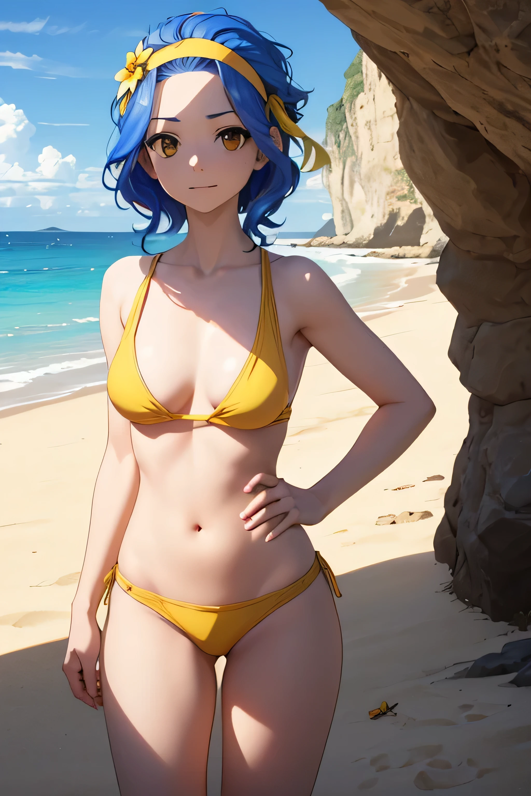 absurdres, high res, ultrasharp, 8K, {masterpiece}, expressive eyes, extremely detailed, best quality, perfect face, 1 girl, LEVY MCGARDEN, (BROWN EYES:1.35), BLUE HAIR, SHORT HAIR, SIDELOCKS, (yellow hair band:1.35), hair flower, medium breasts, pleased, beach, contrapposto, naked breasts, nude, yellow panties,