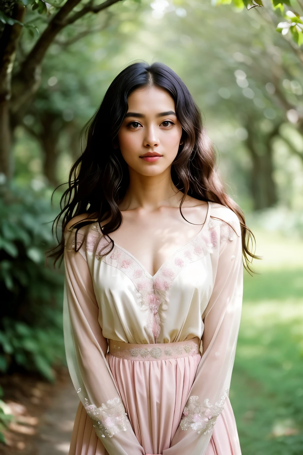 A beautifully radiant girl stands in the verdant valley, bathed in the gentle light of nature. Her youthful visage, at 25 years old, is framed by a cascade of black, chin-length curls. In a stylist pose, she leans against atree trunk, her waist accentuated by the pink outfit that she wears. Her hetore eyes, adorned with sweet makeup, gleam with an irresistible charm.
The scene unfolds before us, meticulously captured through the lens of a 35mm camera. The scene exudes photorealistic detail, soft focus adding an ethereal touch to the image. The lighting is en