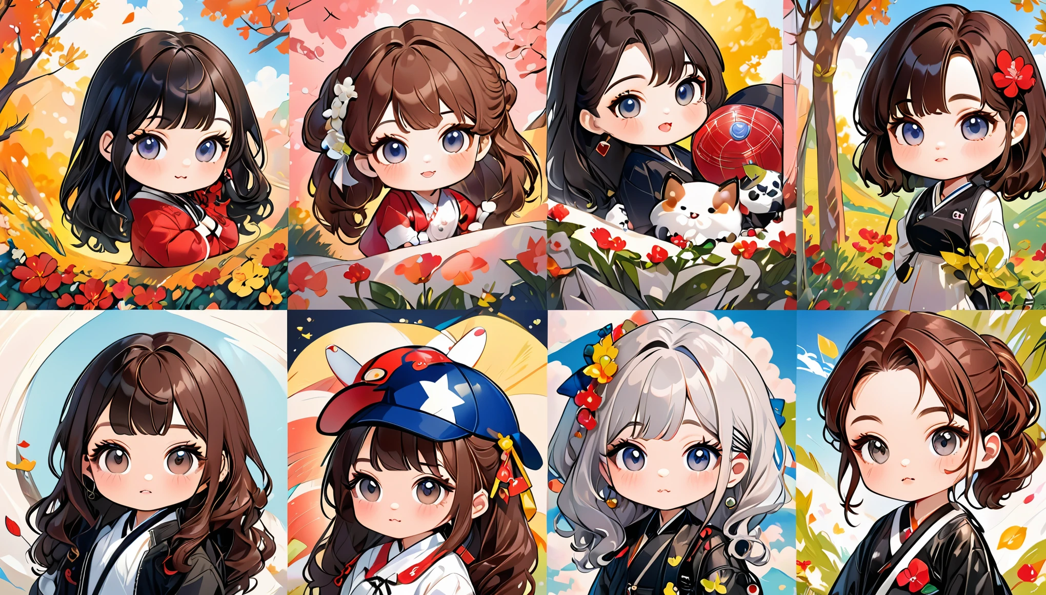 cute art style, K-POPアイドルの肖像画, cartoon art style, chibi art, cartoon art style, anime chibi, IG studio anime style,( Portraits of Korean female idols), official fan art, chibi anime, anime style illustration, chibi style, cute realistic portrait, anime moe art style, Cute Chibi, cute girls