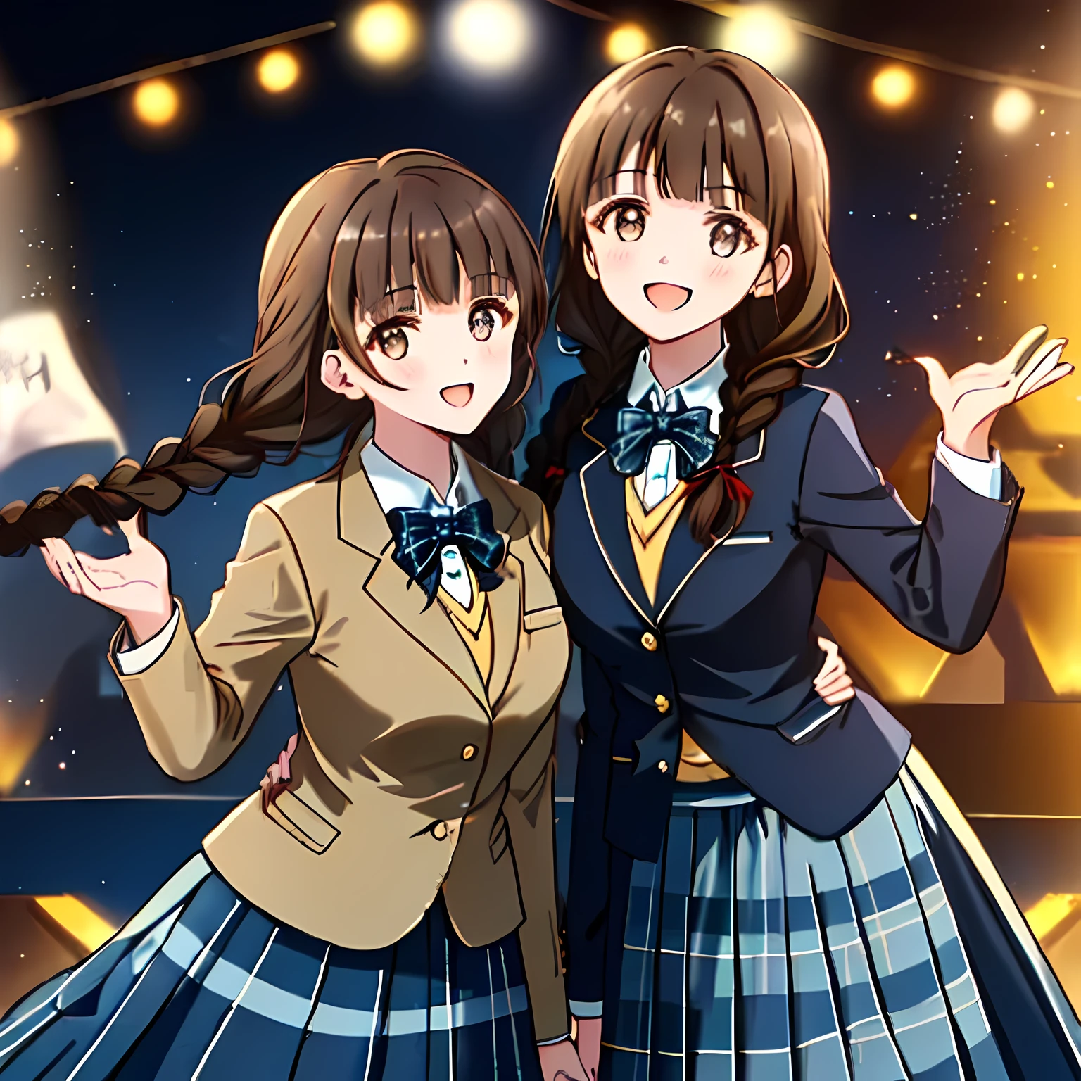 highest quality, (masterpiece:1.2), very detailed, ((Only one girl is singing the chorus on stage)), ((Cute and big black eyes)), (((dark brown hair))), 15 years old, ((dark blue school blazer)), ((very big blue school ribbon)), (((Braid hairstyles))), ((The eyes are very detailed)), ((they are laughing and singing very happily.)), ((((dark blue & Deep navy tartan check middle long skirt)))), The background is an opera house stage with a pipe organ.., blur the background, Close-up shot from the waist up, looking at the viewer