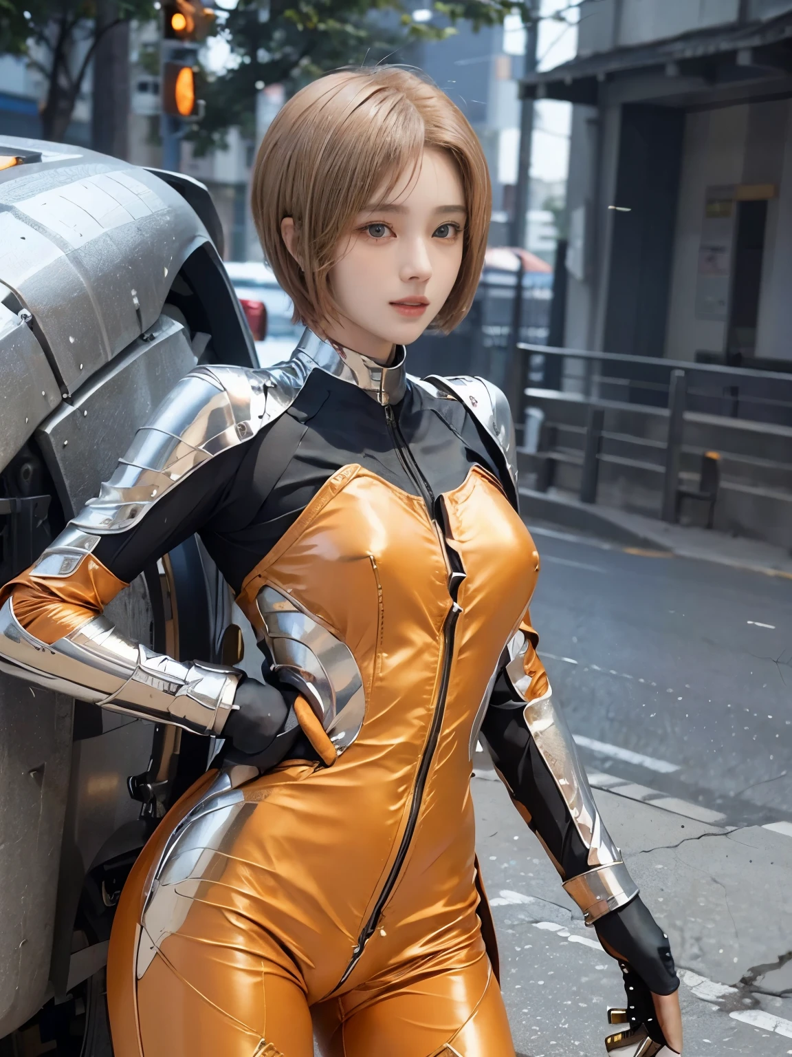 (realistic:1.5), 8K, Super delicate beauty, 1 girl, intricate bicycle details, (short: 1.3), (highest quality: 1.0), (Super high sharpness: 1.0),(Beautiful and delicate depiction of eyes),unreal engine:1.4, photorealistic:1.4, skin texture:1.4, masterpiece:1.8,highest quality、smile、long limbs、(((Spanning a motorcycle)))、(((Metallic orange rider suit and long pants)))、(((short hair)))