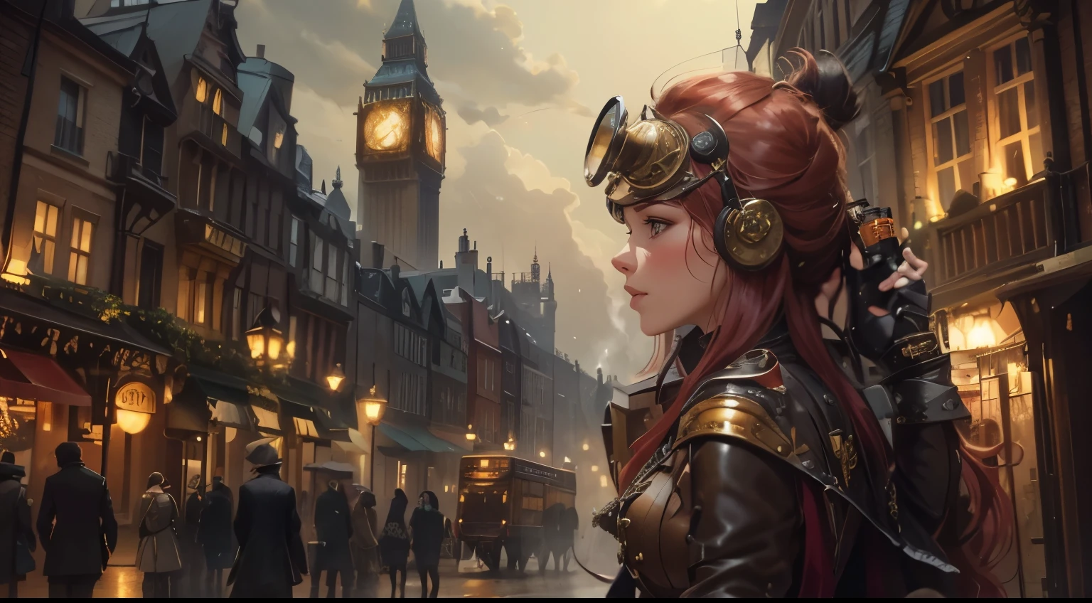 London street in the late 1800s, but with a steampunk twist. Think towering clockwork buildings with smokestacks puffing out steam, gaslight lamps casting an orange glow, and airships gliding silently overhead. Cobblestones slick with rain reflect the gaslight and bustling activity. Character: A beautiful woman with an air of confidence and purpose. Describe her distinct features and steampunk attire. Here are some options: Crimson hair cascading down her shoulders, adorned with gears and a miniature brass monocle perched on one eye. Dressed in a long, flowing coat of worn leather, accented with polished brass buckles and intricate clockwork patterns woven into the fabric. Goggles rest on her forehead, and sturdy riding boots with built-in steam pistons propel her bicycle