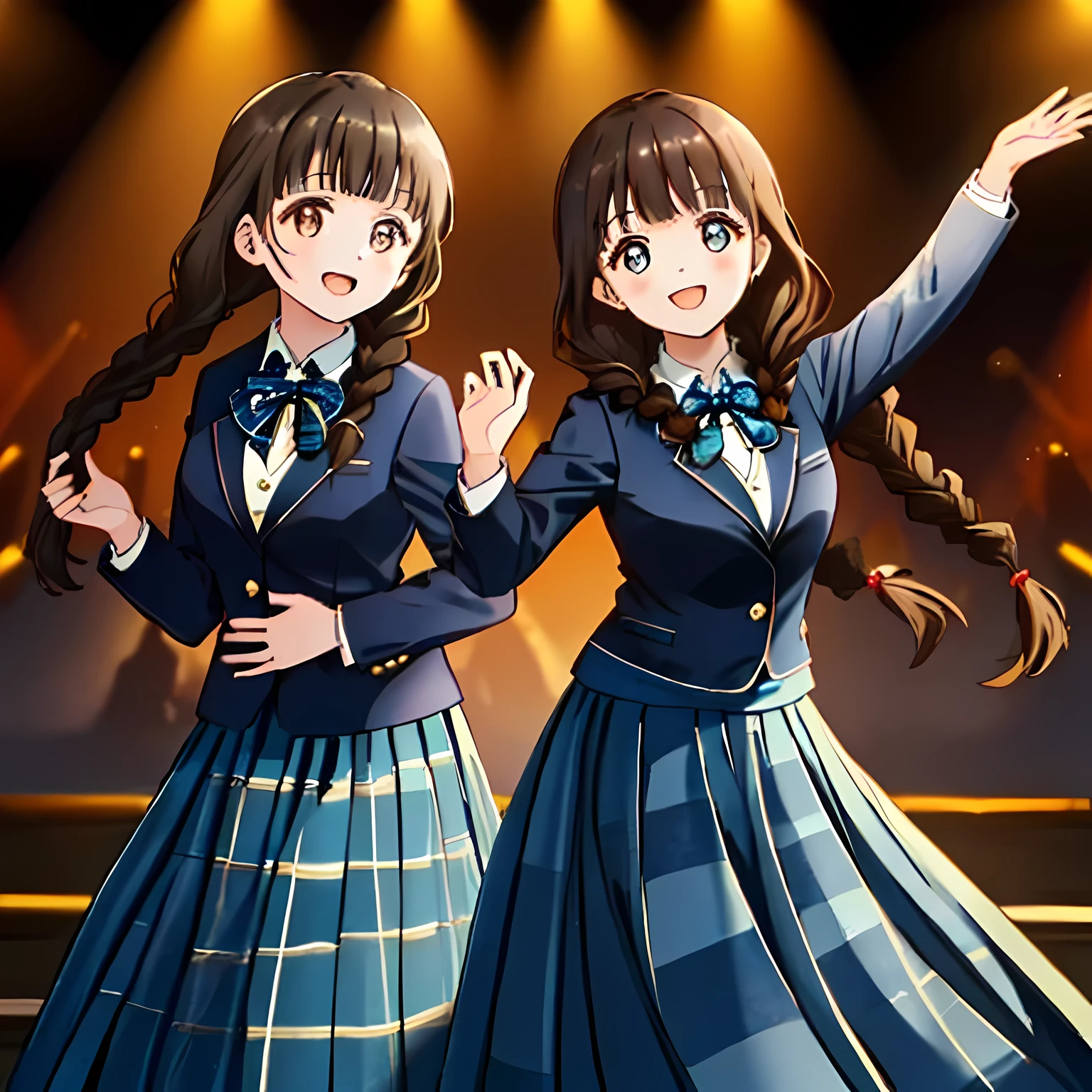 highest quality, (masterpiece:1.2), very detailed, ((Only one girl is singing the chorus on stage)), ((Cute and big black eyes)), (((dark brown hair))), , ((dark blue school blazer)), ((very big blue school ribbon)), (((Braid hairstyles))), ((The eyes are very detailed)), ((they are laughing and singing very happily.)), ((((dark blue & Deep navy tartan check middle long skirt)))), The background is an opera house stage with a pipe organ.., blur the background, looking at the viewer, ((Take a close-up shot from the waist up)),