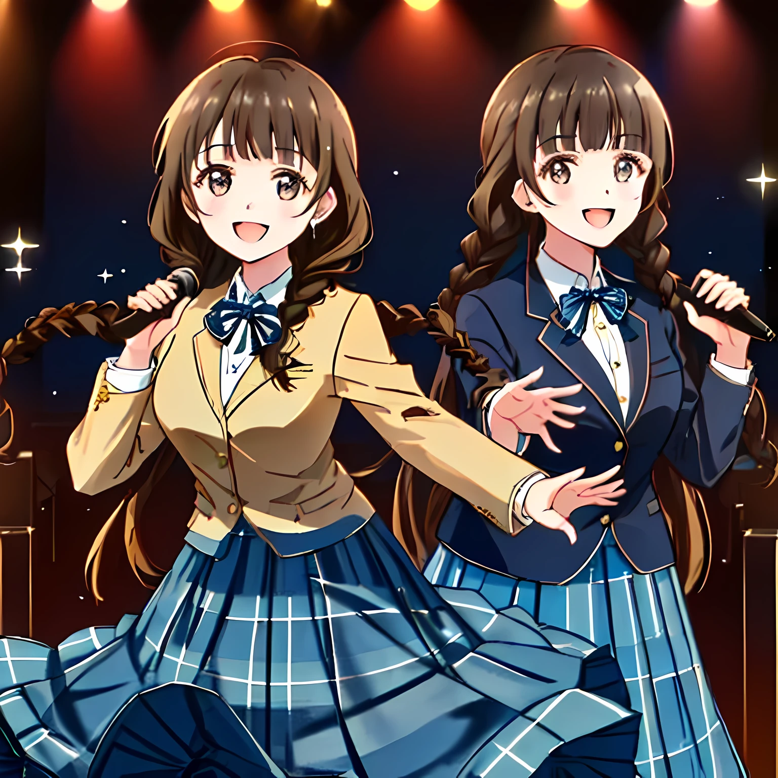 highest quality, (masterpiece:1.2), very detailed, ((Only one girl is singing the chorus on stage)), ((Cute and big black eyes)), (((dark brown hair))), 15 years old, ((dark blue school blazer)), ((very big blue school ribbon)), (((Braid hairstyles))), ((The eyes are very detailed)), ((they are laughing and singing very happily.)), ((((dark blue & Deep navy tartan check middle long skirt)))), The background is an opera house stage with a pipe organ.., blur the background, looking at the viewer, ((Take a close-up shot from the waist up)),