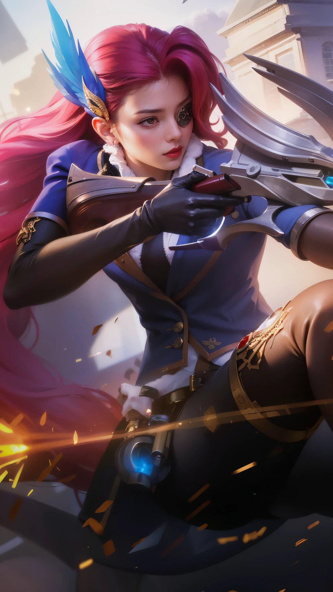 a close up of a woman with a gun in her hand, red long hair, red lips glossy, 8k, ultra hd, ultra detailed texture, hyper realistic, masterpiece, detailed texture, detailed face, detailed skin, detailed lighting, (photorealistic:1.5), best quality, beautiful lighting, cinematic lighting, professional lighting, ultra highres, realistic, detailed hair, real hair, high quality, (realskin:1.5), extremely detailed, finely detail, ultra-detailed, braids, eye patch, left eyepatch,