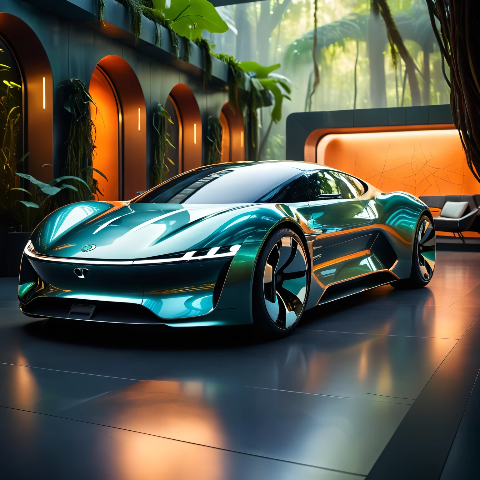 Surrealist art (Ultrarealistic:1.3) futuristic car in a futuristic setting, futuristic product car shot, car with holographic paint, futuristic car, render of futuristic supercar, concept ar, futuristic car concept, cyberpunk car, futuristic concept car, futuristic cars, car concept, trending on vehicle design, sci-fi car, concept, transportation design render, concept car, hydrogen fuel cell vehicle, futuristic vehicle blurry background, Extremely high-resolution details, photographic, realism pushed to extreme, fine texture, incredibly lifelike . Extremely high-resolution details, realism pushed to extreme, fine texture, incredibly lifelike, in the background blurry Jungle Luminous Vine Canopy . Dreamlike, mysterious, provocative, symbolic, intricate, detailed