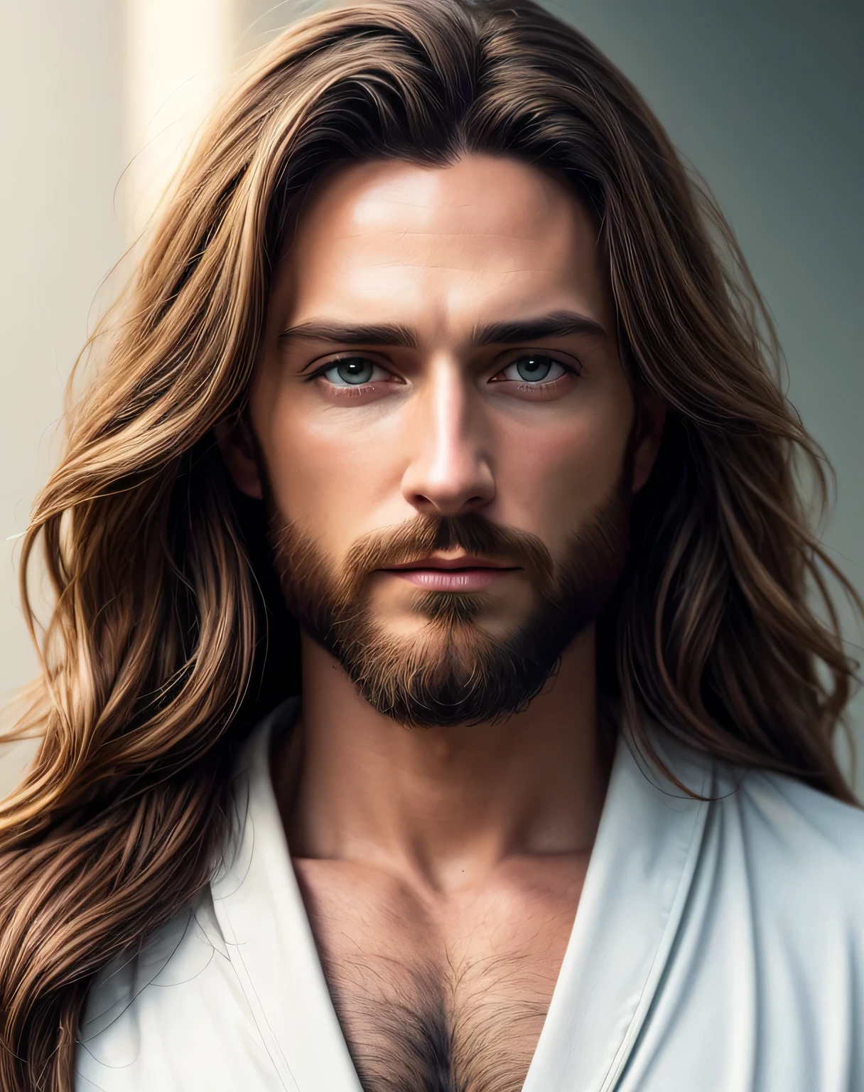 (symmetry),centered,a ((close)) up portrait,(Jesus),a very thin white man with long hair and a beard,wearing a long white robe,35mm,natural skin,clothes detail, 8k texture, 8k, insane details, intricate details, hyperdetailedhighly detailed,realistic,soft cinematic light,HDR,sharp focus, ((((cinematic look)))),intricate, elegant, highly detailed