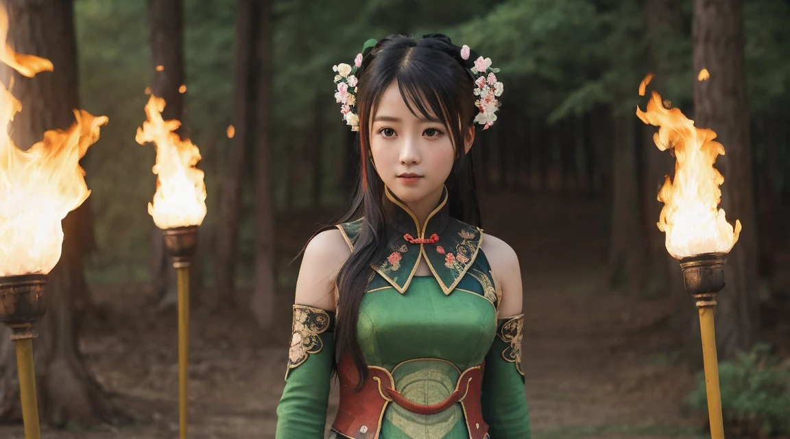 Guan Yinping,flame，combustion， happy, black hair, brown eyes, hair accessories, hair flower, green roof, looking at the audience, forest, Half body, Hold the card, Black stockings, permanent, 上Half body，Jiuzhaigou