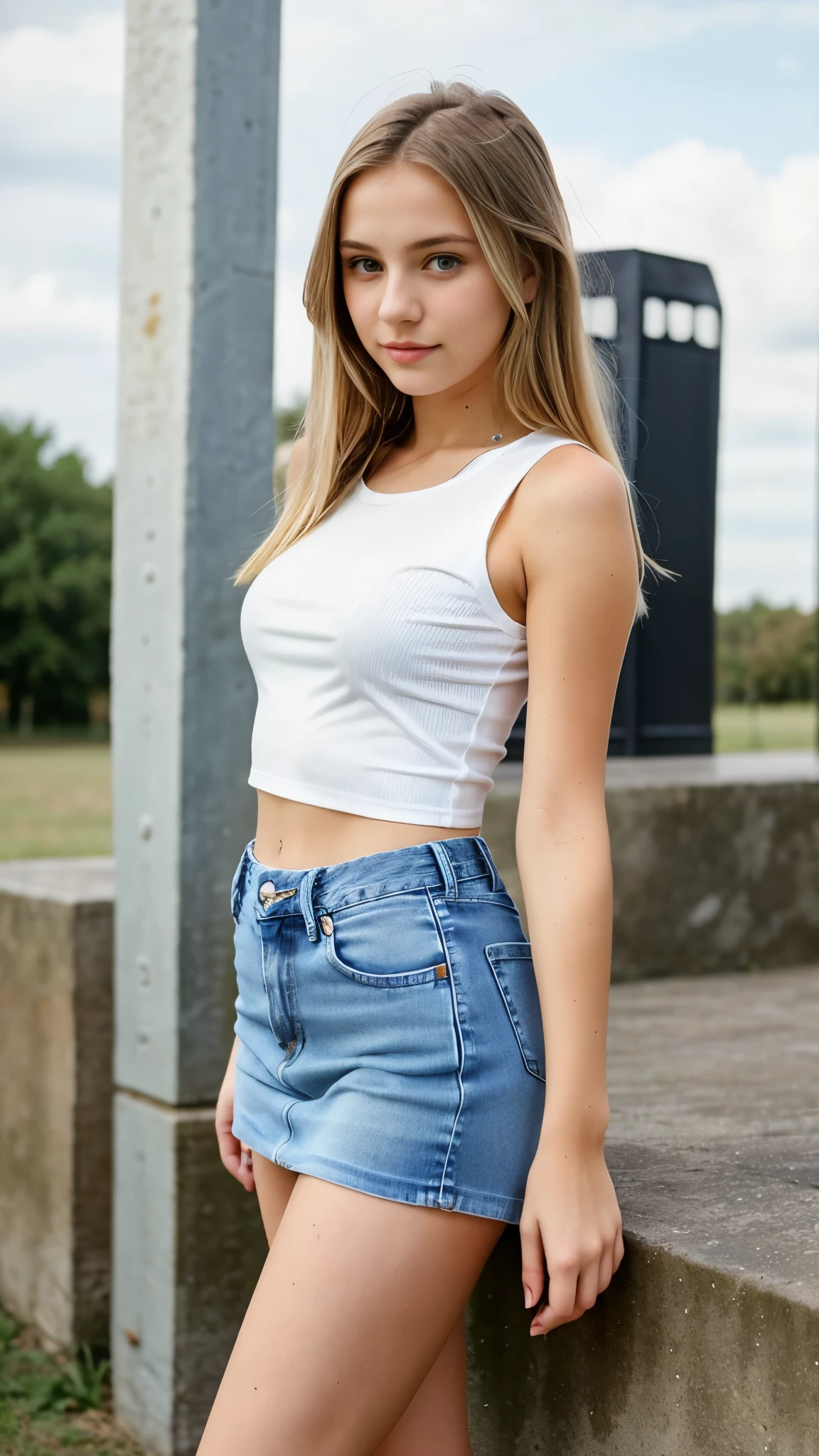 beautiful girl. female beauty. shy pose. sexy body shape. white top. denim mini skirt. in your daily life, outdoor activities. long, straight blonde hair. very beautiful ager. long legs.