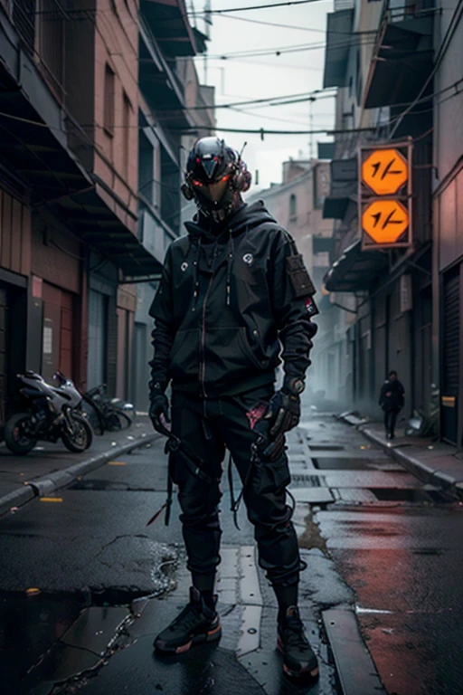 (obra maestra, plano de cuerpo completo, Intricate raw photography)Ciudadano cyberpunk, Oversized extra asymmetrical black hoodie, pantalones cargo s, ropa negra, oscura, tactical gloves, el lleva puesto un cyberhelmet futurista color  de alta tecnologia, brillante, algo parecido a daftpunk,  muy intrincado, Small LED details, Advanced technology closed helmet, ambiente oscuro, dramatico, luz y sombra, ((Kinematic, Black neon,))  action film, nitidez, neon- ciudad moderna, street neon lights, calle oscura, noche, foto de Insta, Photo of the Year, Epic resolution, Epic Quality, Epic sharpness, Intrincada epopeya, techwear,Reelmech
