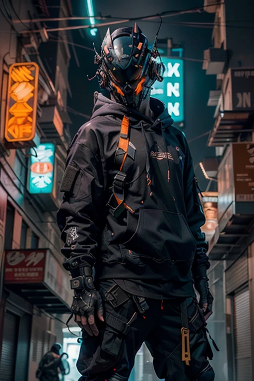 (obra maestra, plano de cuerpo completo, Intricate raw photography)Ciudadano cyberpunk, Oversized extra asymmetrical black hoodie, pantalones cargo negros, ropa negra, oscura, tactical gloves, el lleva puesto un cyberhelmet futurista color negro de alta tecnologia, brillante, algo parecido a daftpunk,  muy intrincado, Small LED details, Advanced technology closed helmet, ambiente oscuro, dramatico, luz y sombra, ((Kinematic, Black neon,))  action film, nitidez, neon-noir ciudad moderna, street neon lights, calle oscura, noche, foto de Insta, Photo of the Year, Epic resolution, Epic Quality, Epic sharpness, Intrincada epopeya, techwear,Reelmech