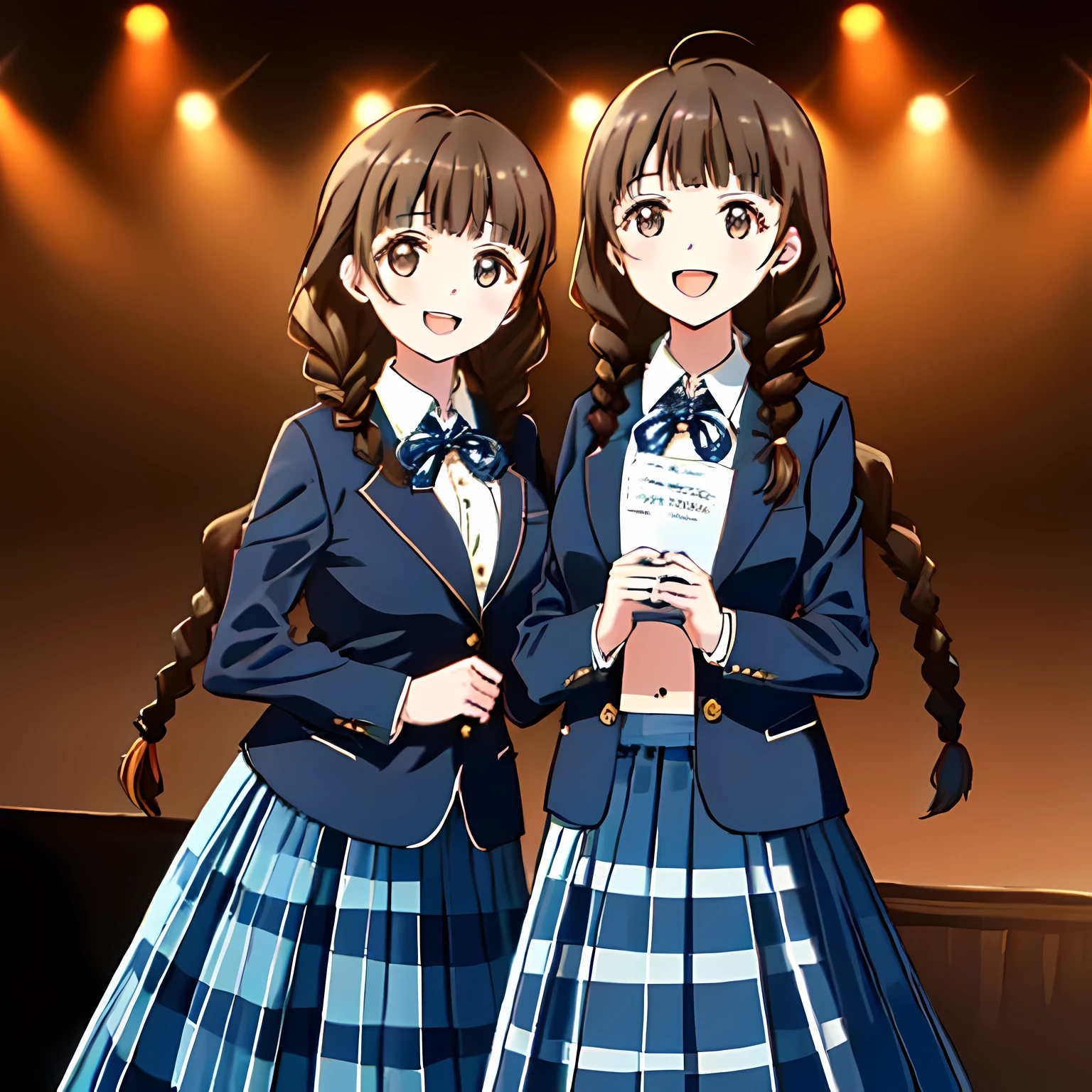 highest quality, (masterpiece:1.2), very detailed, ((Only one girl is singing the chorus on stage)), ((Cute and big black eyes)), (((dark brown hair))), 15 years old, ((dark blue school blazer)), ((very big blue school ribbon)), (((Braid hairstyles))), ((The eyes are very detailed)), ((they are laughing and singing very happily.)), ((((dark blue & Deep navy tartan check middle long skirt)))), The background is an opera house stage with a pipe organ.., blur the background, looking at the viewer, (((((Take a close-up shot from the chest up))))),