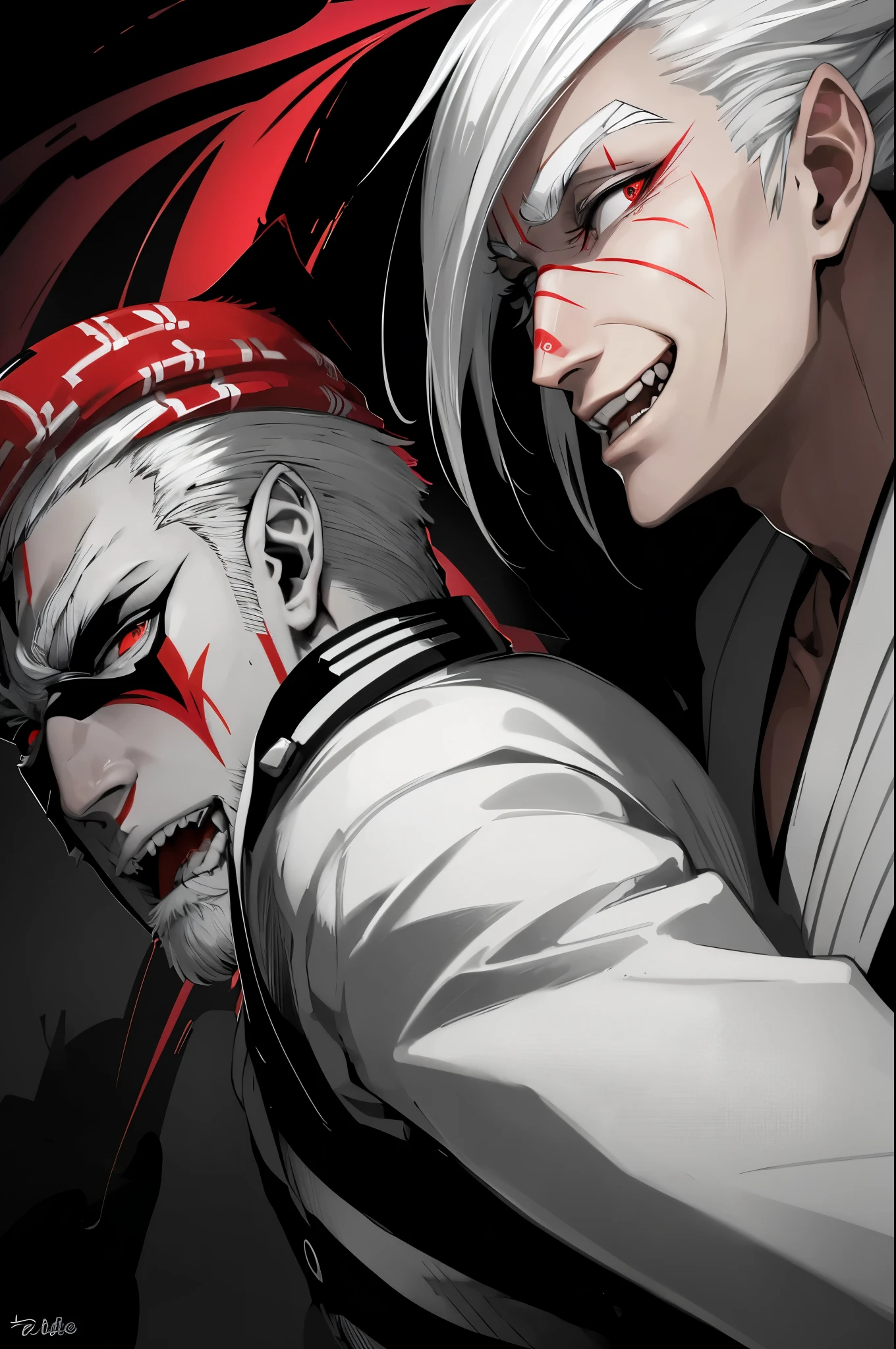 White hair short and straight, up to his eyebrows with sharp tips, bandages covering his eyes, crazy smile, fangs, wearing a kimono