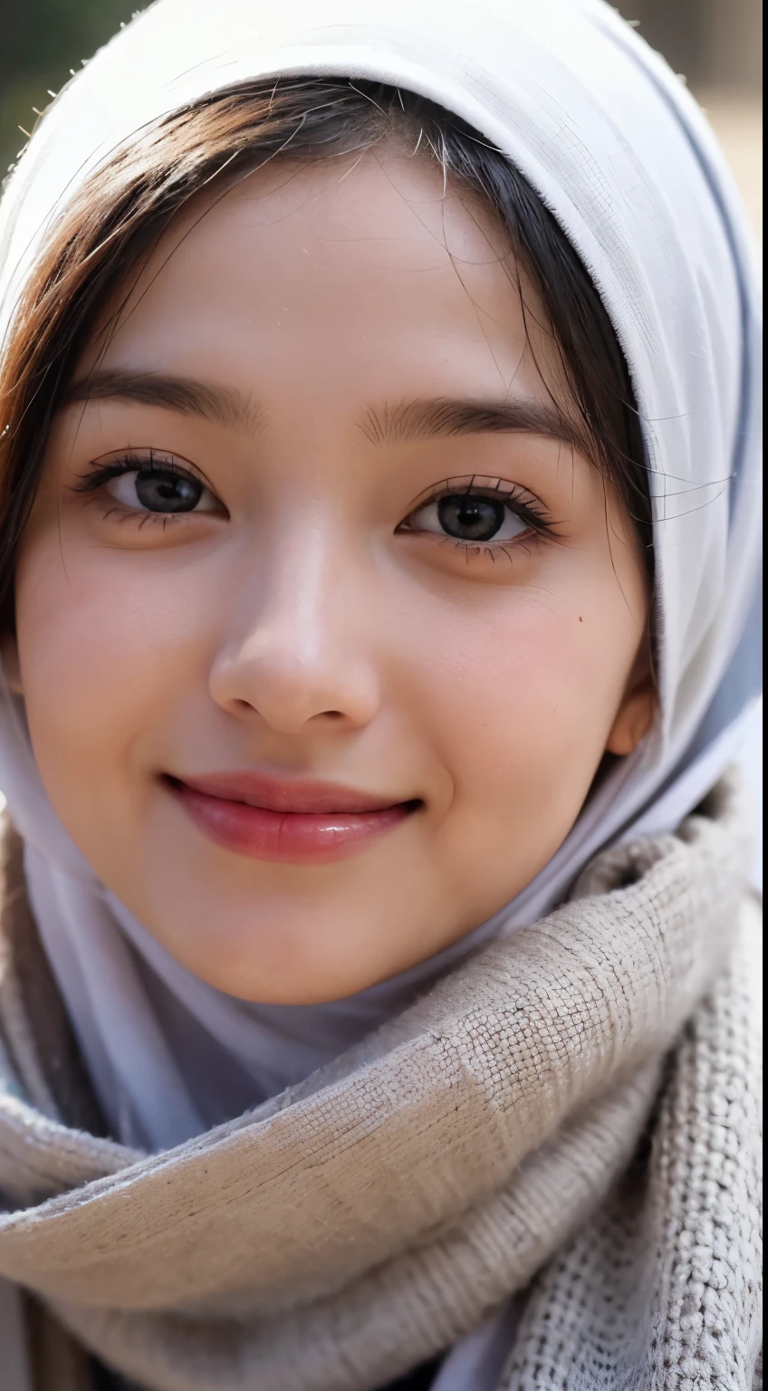 a close up of a woman wearing a scarf and a necklace, with kind face, with lovely look, inspired by Naza, inspired by Sarper Baran, friendly smile, inspired by JoWOnder, with accurate face, with round face, hijab, white hijab, inspired by Mym Tuma, close up potrait, slight smile expression