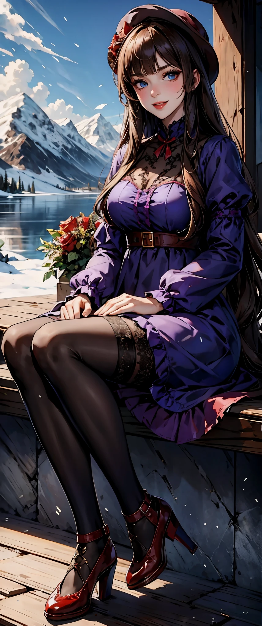 masterpiece, best quality, winter, snow field, 1girl, bangs, blue eyes, blunt bangs, bonnet, brown footwear, brown hair, dress, frills, fruit, full body, hat, long hair, long sleeves, looking at viewer, pantyhose, purple dress, red flower, red rose, rose, shoes, sitting, solo, sky, sun, mountain, forest, lake,