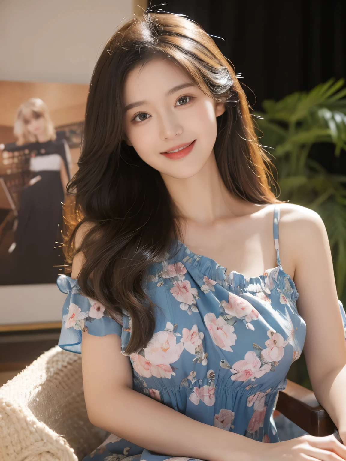 (realistic, high resolution:1.2), 1 girl, Very detailed face and eyes, long hair, Floral mini dress,In the photography studio, middle bust,smile