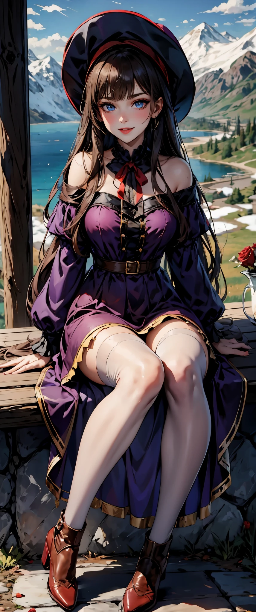 masterpiece, best quality, winter, snow field, 1girl, bangs, blue eyes, blunt bangs, bonnet, brown footwear, brown hair, dress, frills, fruit, full body, hat, long hair, long sleeves, looking at viewer, pantyhose, purple dress, red flower, red rose, rose, shoes, sitting, solo, sky, sun, mountain, forest, lake,