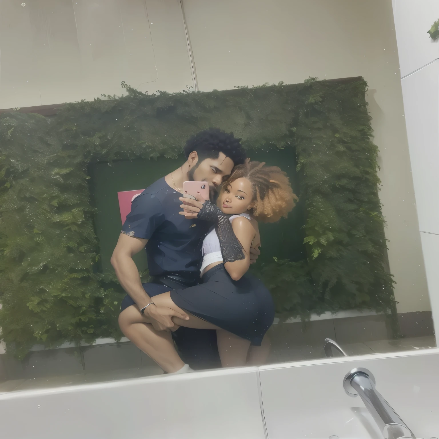 there is a black man and a black woman taking a selfie in the bathroom, 😭🤮 💔, pose de casal, lovely couple, 🤬 🤮 💕 🎀, They are in love, 😭 🤮 💕 🎀, com afro, suave ao fundo um painel de folhas